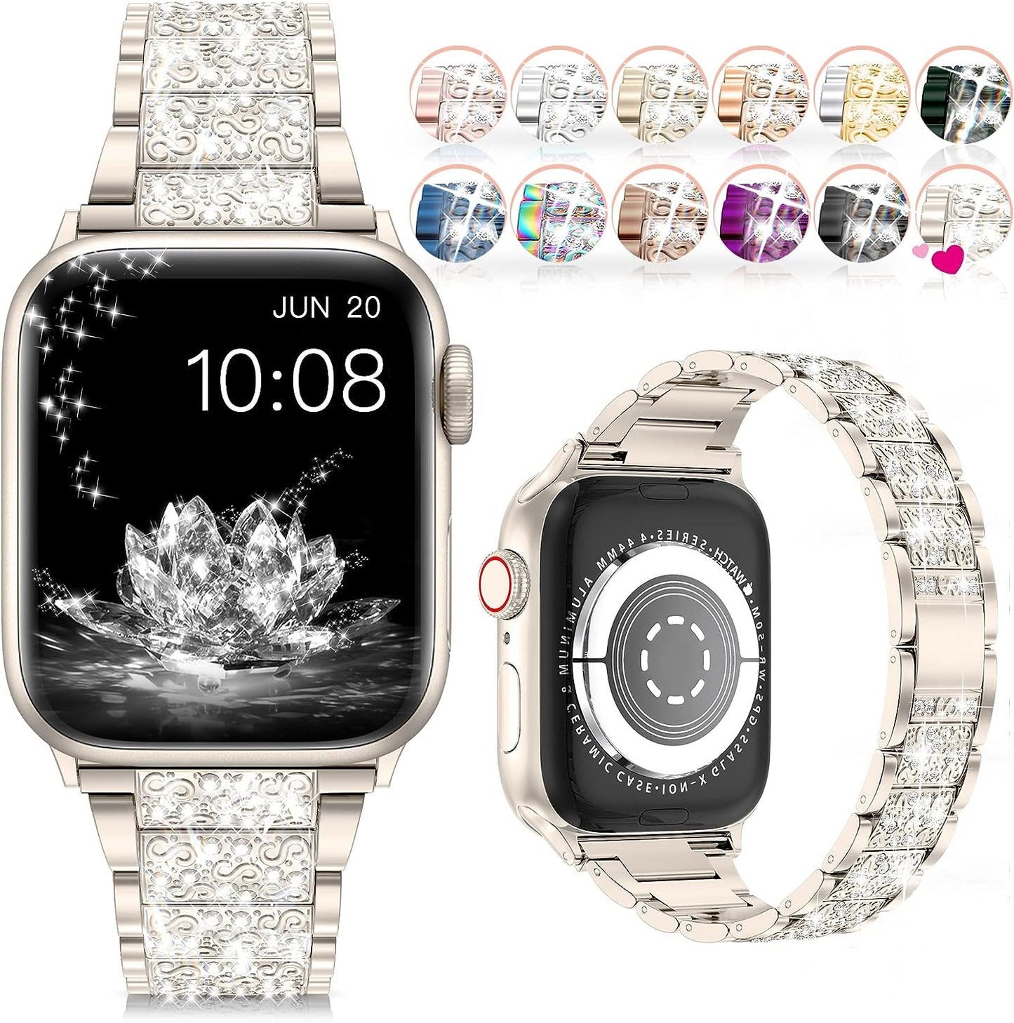 Compatible with Apple Watch Band 38Mm 40Mm 41Mm Series 9 Series 8 7 6 5 4 3 2 1 SE Ultra, Bling Replacement Bracelet Iwatch Band, Diamond Rhinestone Stainless Steel Metal Wristband Strap