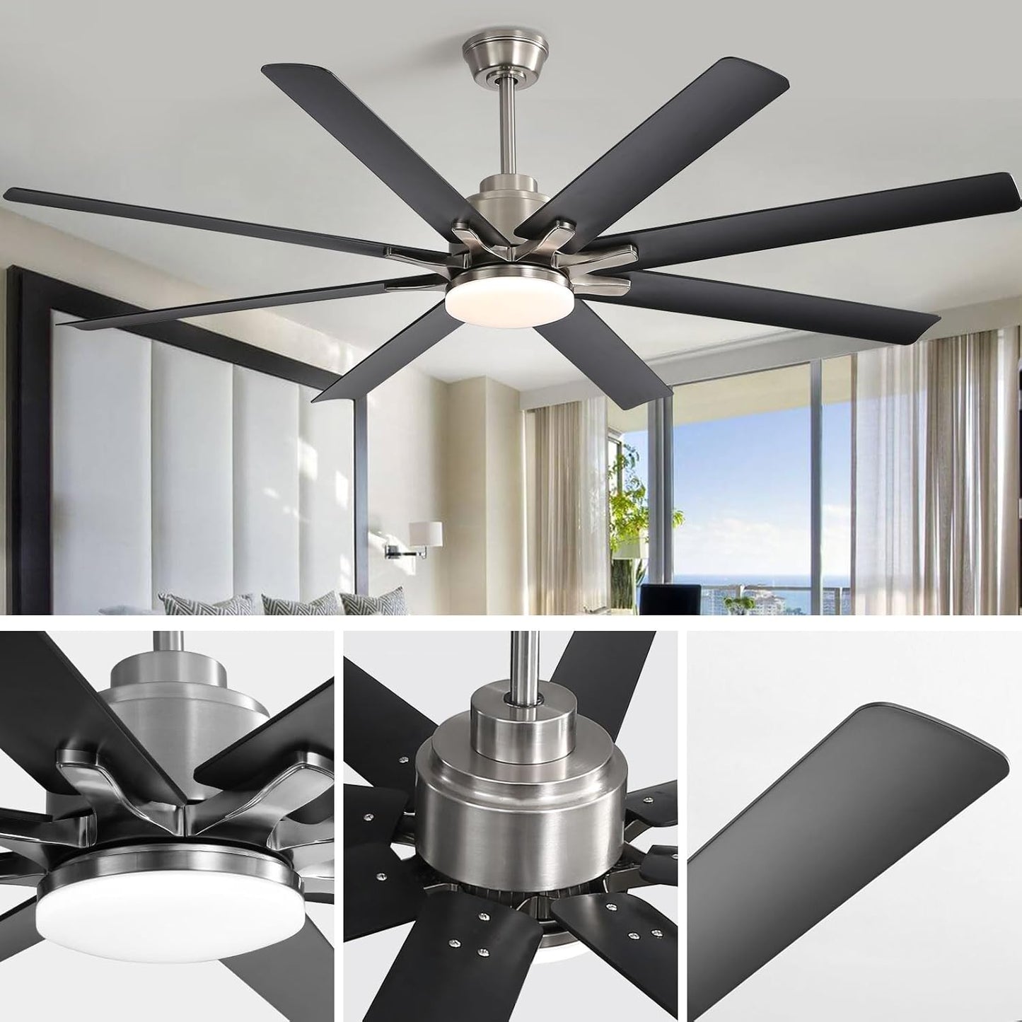 66 Inch Black Ceiling Fans with Lights and Remote, Indoor Outdoor Mordern Smart Ceiling Fan with Reversible Quiet DC Motor, 6 Speed, 8 Blades for Living Room Bedroom Patios Balcony