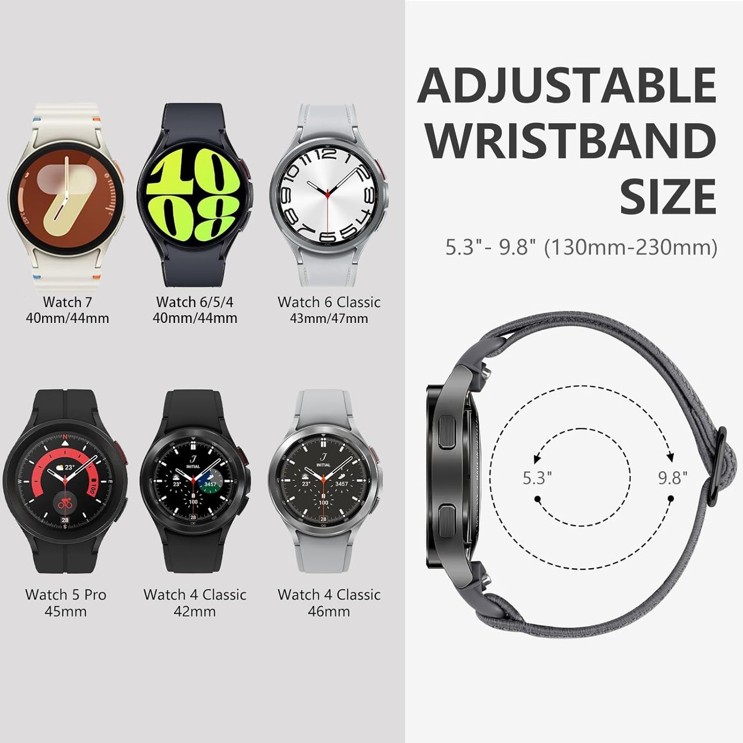 Elastic Bands Compatible with Samsung Galaxy Watch 6/5/4 40M 44Mm/6 Classic 43Mm 47Mm/5 Pro 45Mm/4 Classic 42Mm 46Mm, 20Mm One Click No Gap Nylon Stretchy Strap for Galaxy Watch Band Women Men