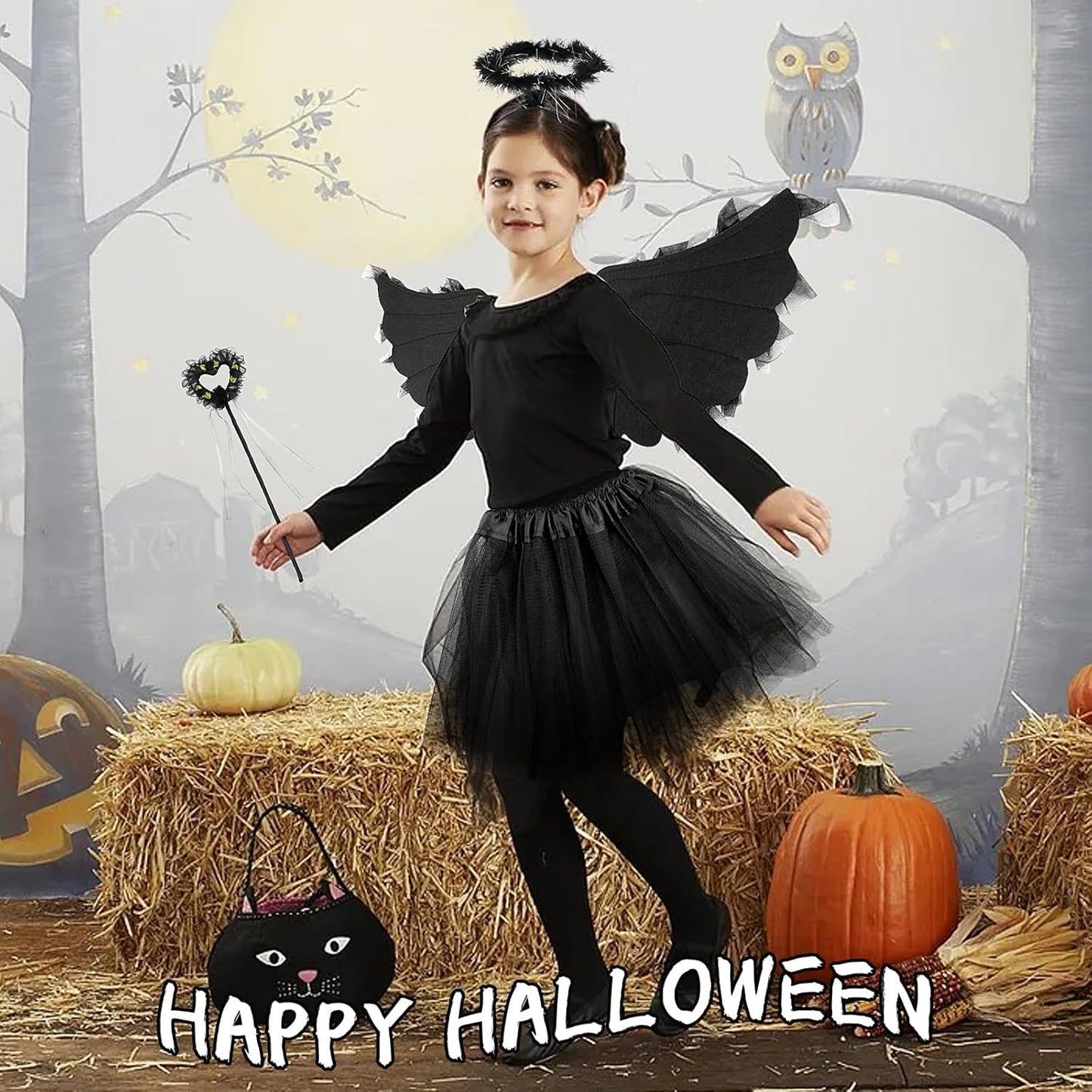 Black Angel Wings and Halo Costume for Girls 4-12, Set of 6 Fallen Angel Dress Halloween Costume Kit with Angel Wing, Halo, Dress, Devil Wand and Halloween Tattoo Stickers for Hallowee, Theme Parties