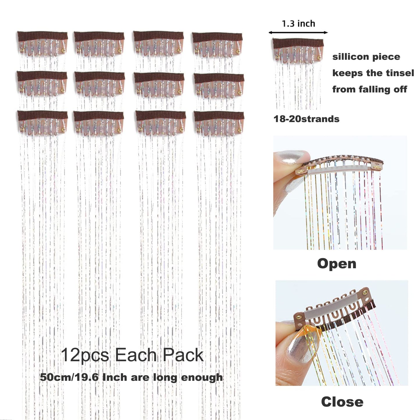 12Pcs Hair Tinsel Clip in 19.6Inch Glitter Tinsel Hair Extensions Clip in Hair Tinsel Kit Heat Resistant Shiny Sparkle Fairy Hair Accessories for Women Girls Kids (Colorful)