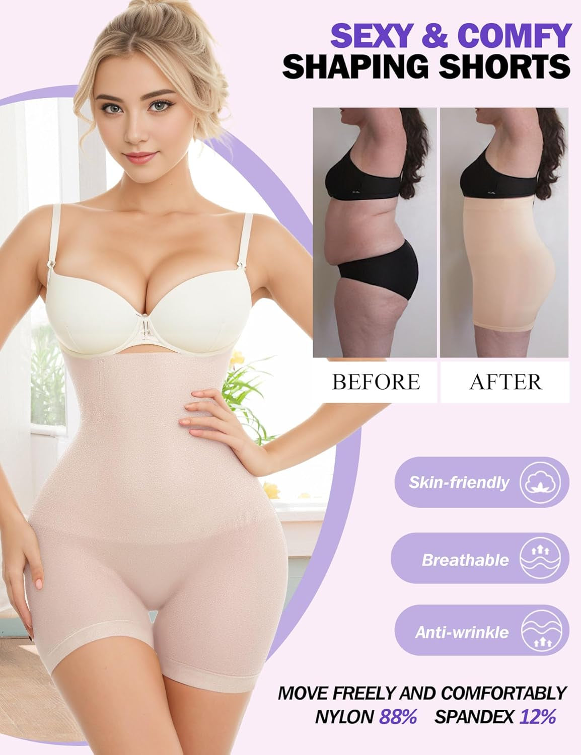 Tummy Control Shapewear Shorts for Women, High Waisted Body Shaper Seamless Shorts Underdress Thigh Slimmers