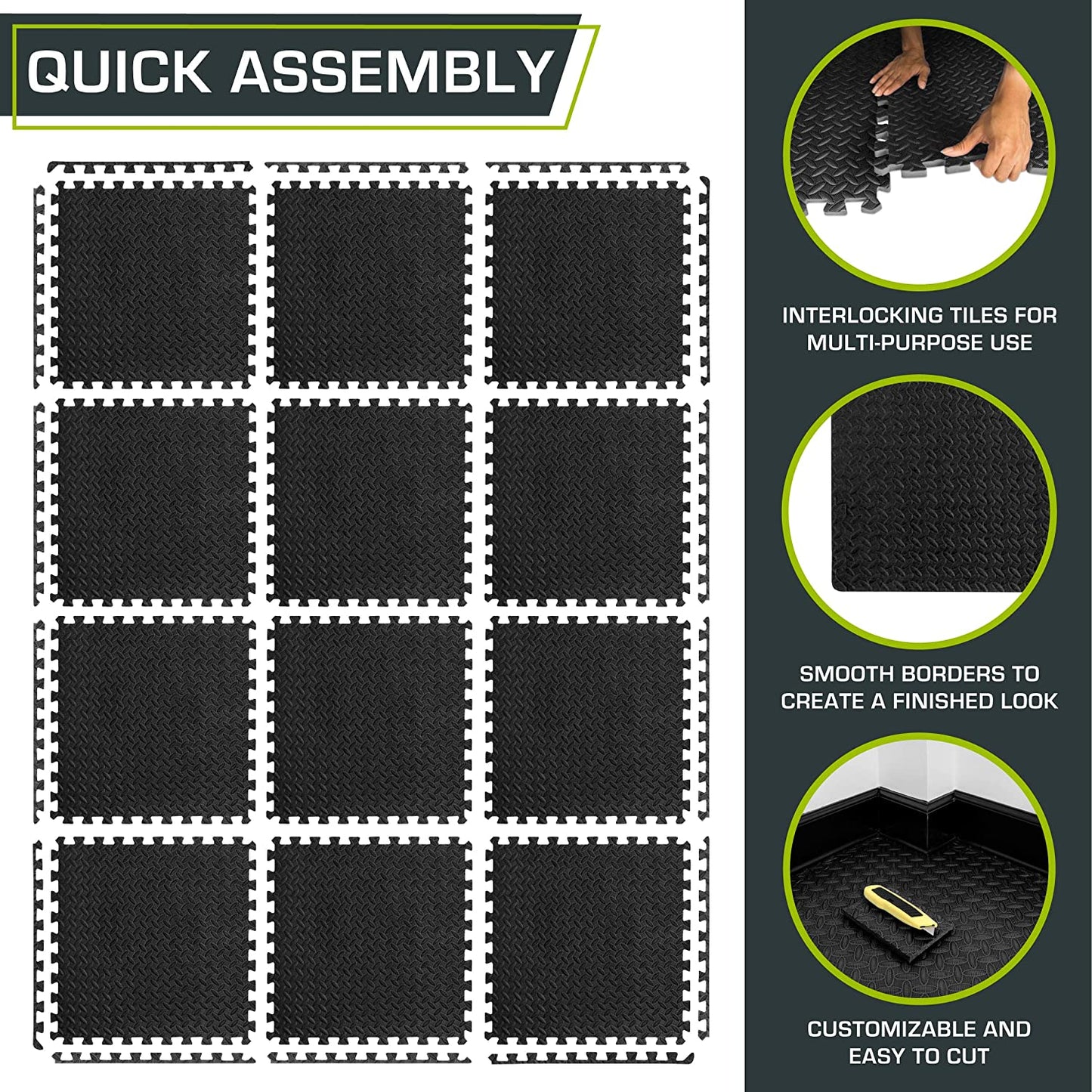Puzzle Exercise Mat ½ In, EVA Interlocking Foam Floor Tiles for Home Gym, Mat for Home Workout Equipment, Floor Padding for Kids, Black, 24 in X 24 in X ½ In, 48 Sq Ft - 12 Tiles