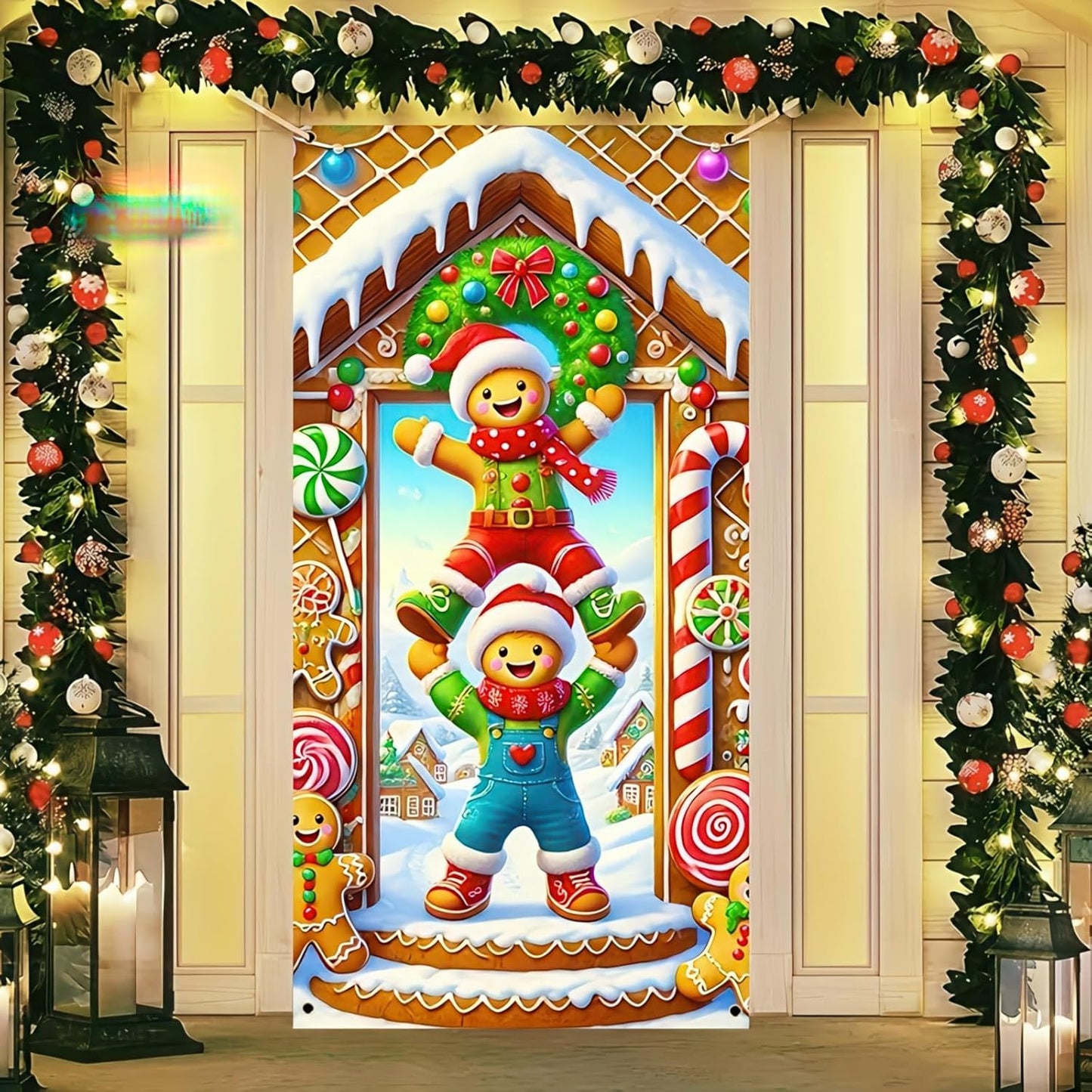 Christmas Door Cover Decorations Gingerbread House Door Cover Gingerbread Man Christmas Door Backdrop Banner Door Hanging Banner for Christmas Winter Party Holiday Supplies 35 X 71 In