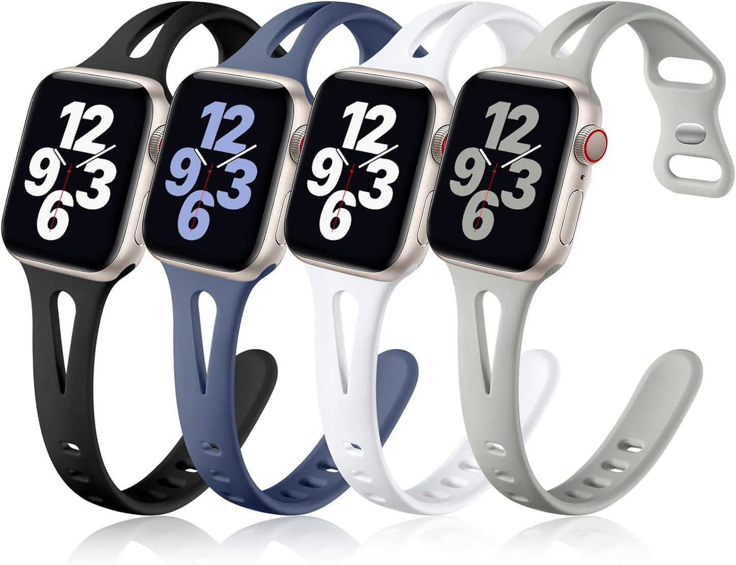 Band Compatible with Apple Watch 40Mm 38Mm 41Mm for Women Men, Soft Silicone Stylish Breathable Slim Sport Bands for Iwatch Series 9 8 7 6 5 4 3 2 1 SE, 4 Pack Black/White/Pebble Gray/Blue Gray