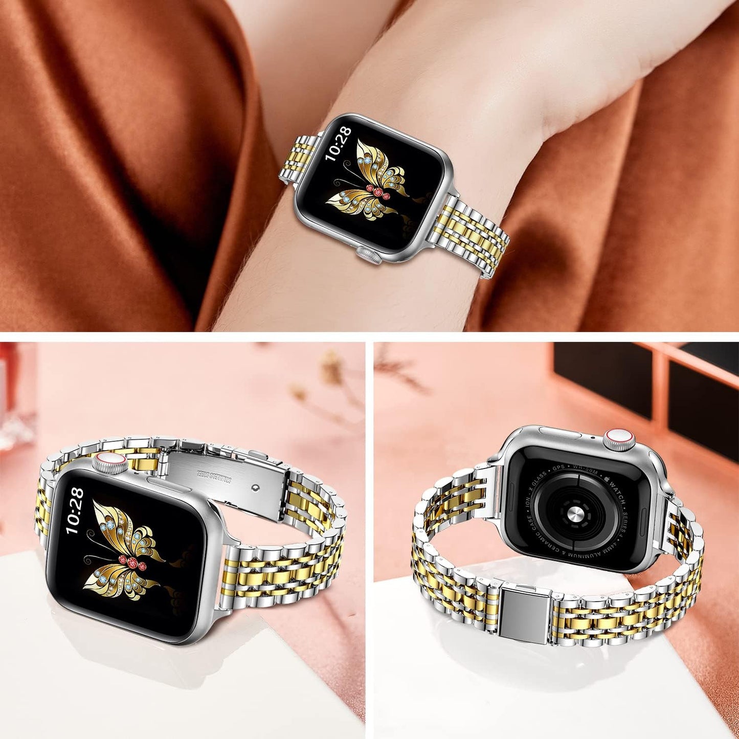 Slim Metal Band Compatible with Apple Watch Band 41Mm 40Mm 38,Mm,Dressy Stainless Steel Chain Strap for Women Iwatch Bands Series 9 8 7 6 5 4 3 2 1 Se,Silver/Gold