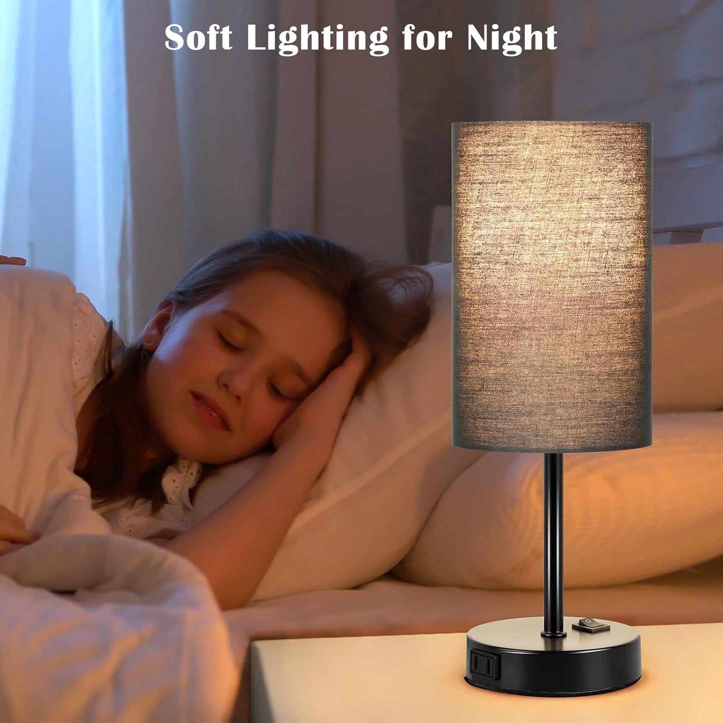 Table Lamp for Bedroom Set of 2, Bedside Small Lamps with 3 Way Dimmable Rocker Switch and AC Outlet, Nightstand Desk Lamp with Black Fabric Shade Black Base for Living Room Home Decor Lights