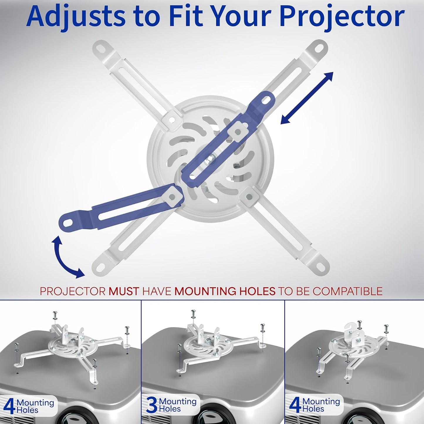 Universal Adjustable Ceiling Projector Mount for Regular and Mini Projectors with Extending Arms, White, MOUNT-VP01W