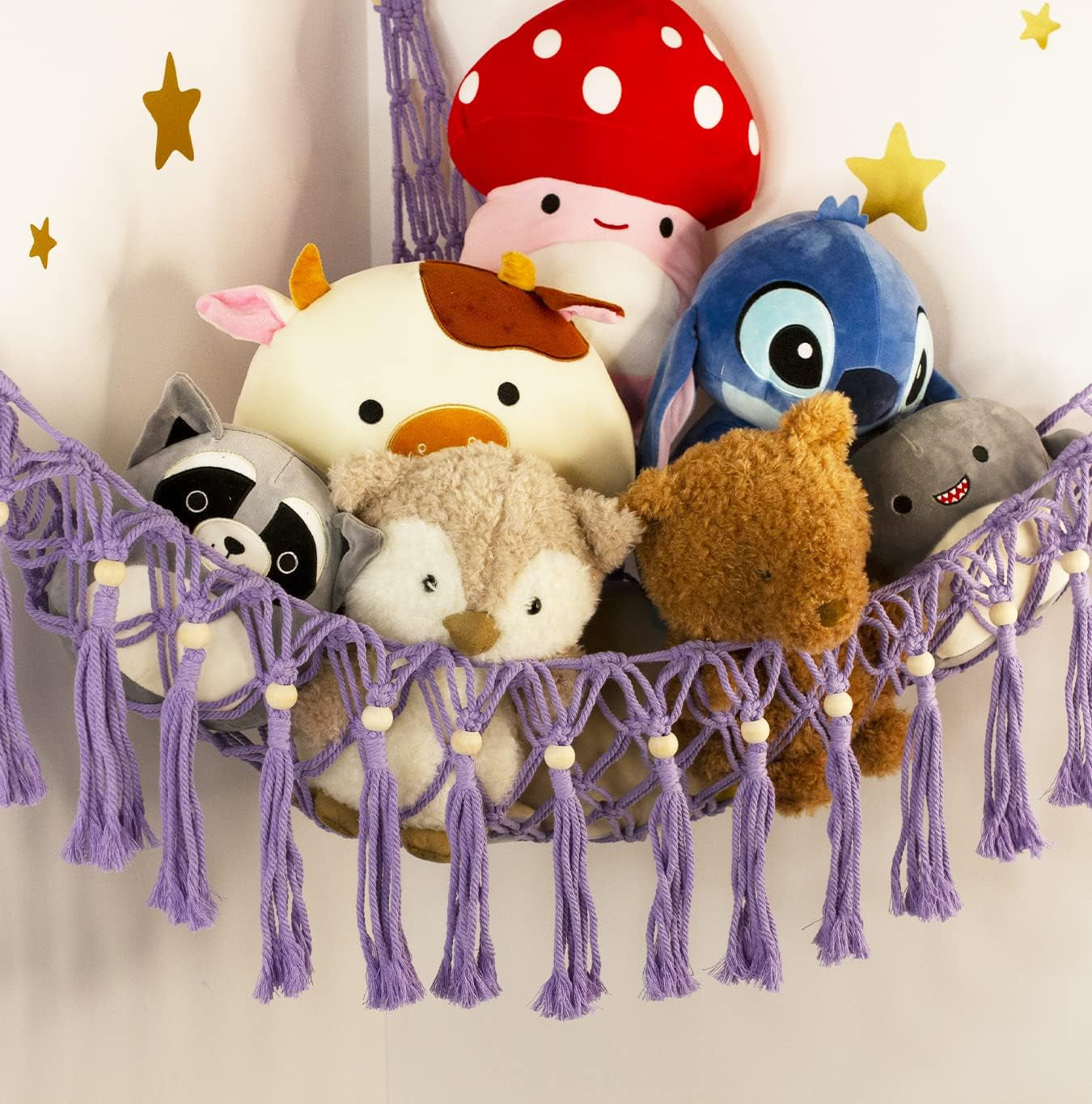 Stuffed Animal Net or Hammock - Hanging Stuffed Animal Hammock Storage - Toy Hammock Holder Boho Wall Corner Hammock Organizer Inc LED Light and Hooks, Purple