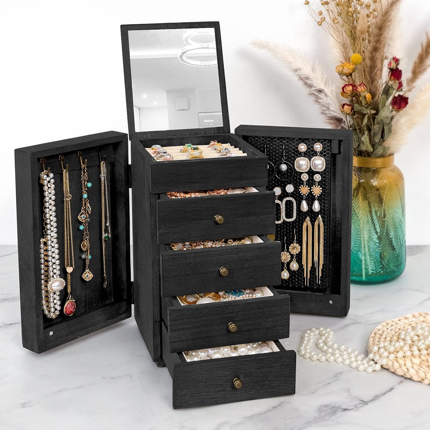 Jewelry Box Wood for Women, 5-Layer Large Organizer Box with Mirror & 4 Drawers for Rings, Earrings, Necklaces, Black