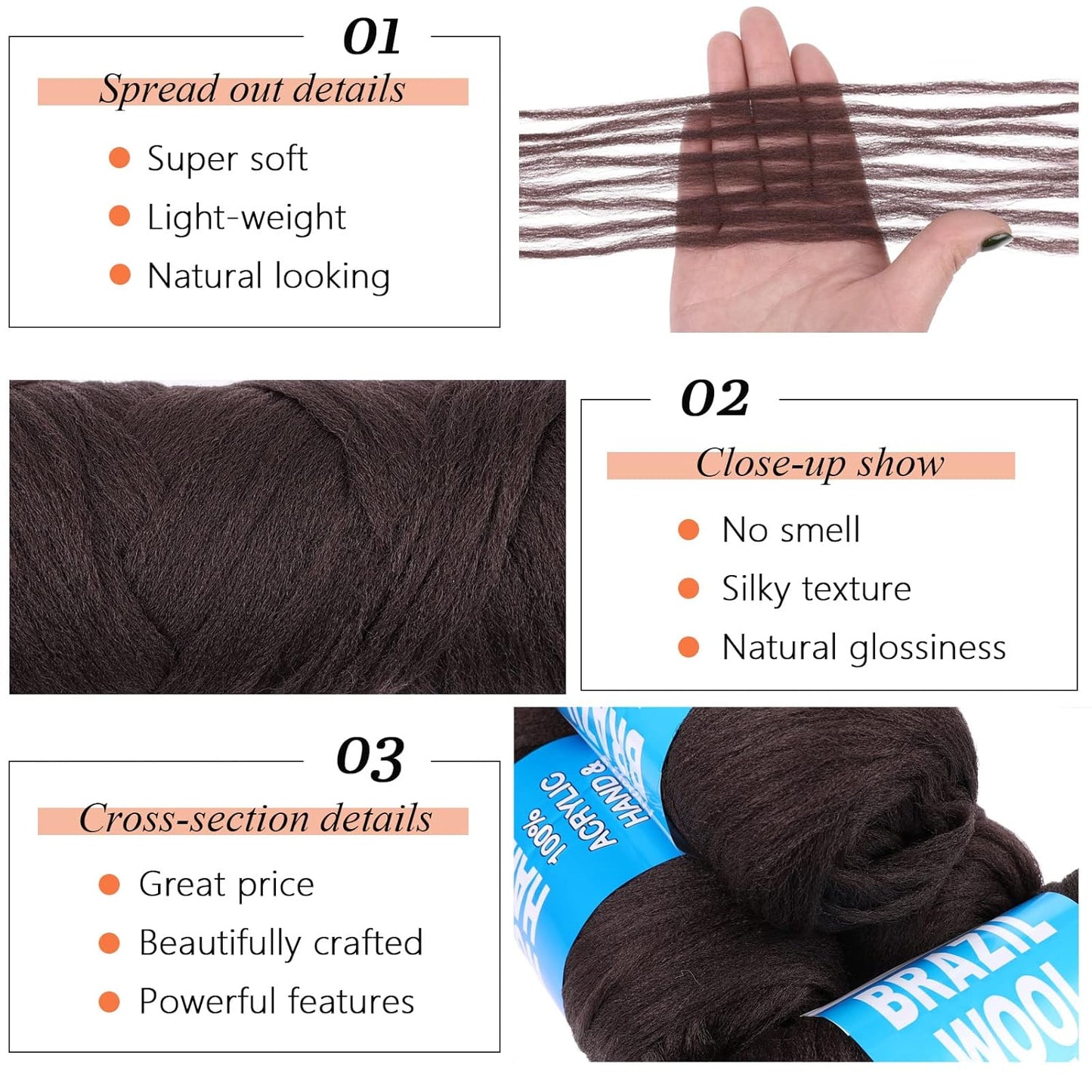 4Pcs Dark Brown Brazilian Wool Hair for Braids Acrylic Hand Knitting Yarn for Hair Braiding Hair Extension Faux Locs African Crochet Braid(#4)