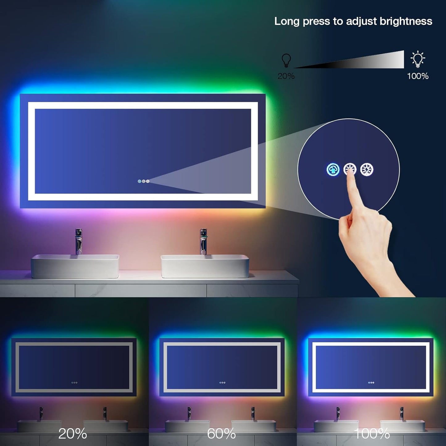 60”X30“ RGB LED Bathroom Mirror with Lights for Bathroom, Anti-Fog, Dimmable,Multiple Light Modes, RGB Backlit + Front Light, Memory Function, Tempered Glass