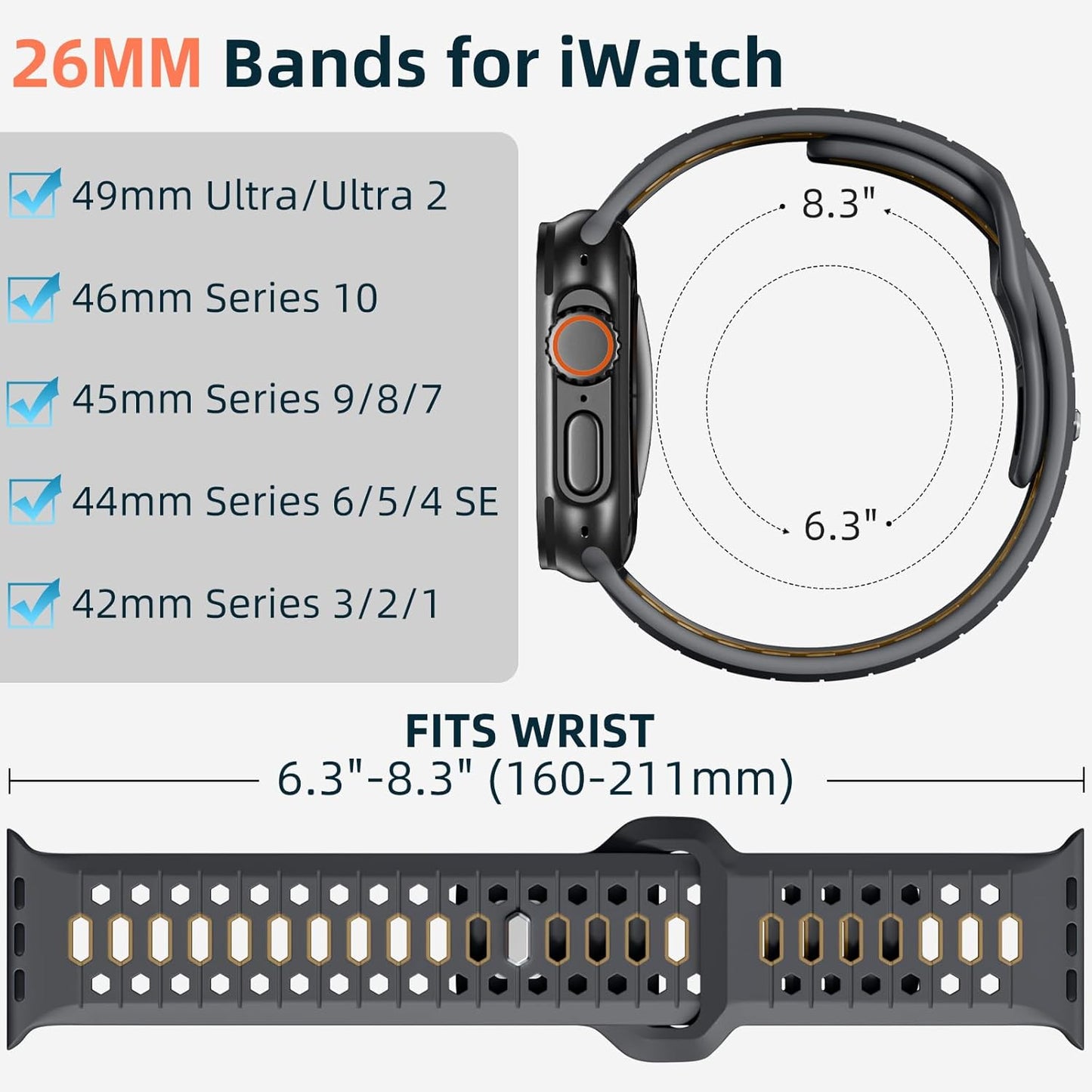 Earthy Yellow/Anthracite 26MM Width Breathable Silicone Sport Band Compatible with 49Mm Apple Watch Ultra 2/1, 46Mm Series 10, 45Mm Series 9 8 7, 44Mm Series 6 5 4 SE 2/1, 42Mm Series 3 2 1