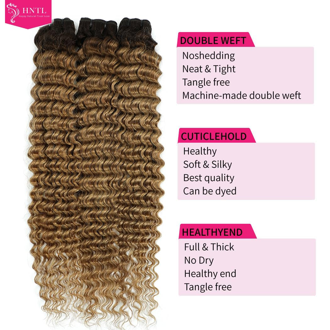 12A Deep Wave Human Hair Bundles Ombre Honey Blonde Deep Wave Bundles Human Hair 18 20 22 Inch T4/27 Curly Bundles Brazilian Virgin Wet and Wavy Human Hair Bundles 2 Tone Water Wave Bundles