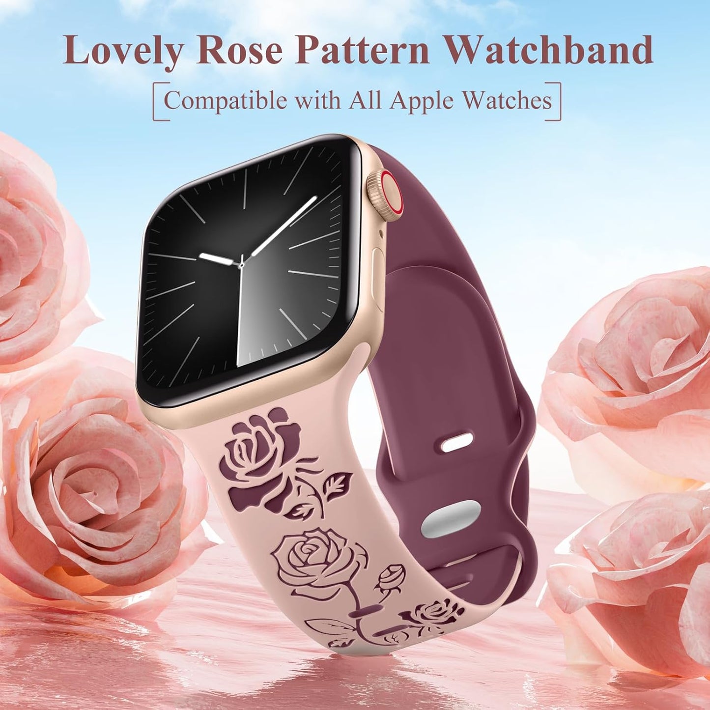 Floral Engraved Band Compatible with Apple Watch Bands 40Mm 41Mm 38Mm 44Mm 45Mm 42Mm 49Mm Women, Cute Two Tone Flower Soft Silicone Sport Strap for Iwatch Series 9 8 7 6 5 4 3 2 1 SE Ultra 2