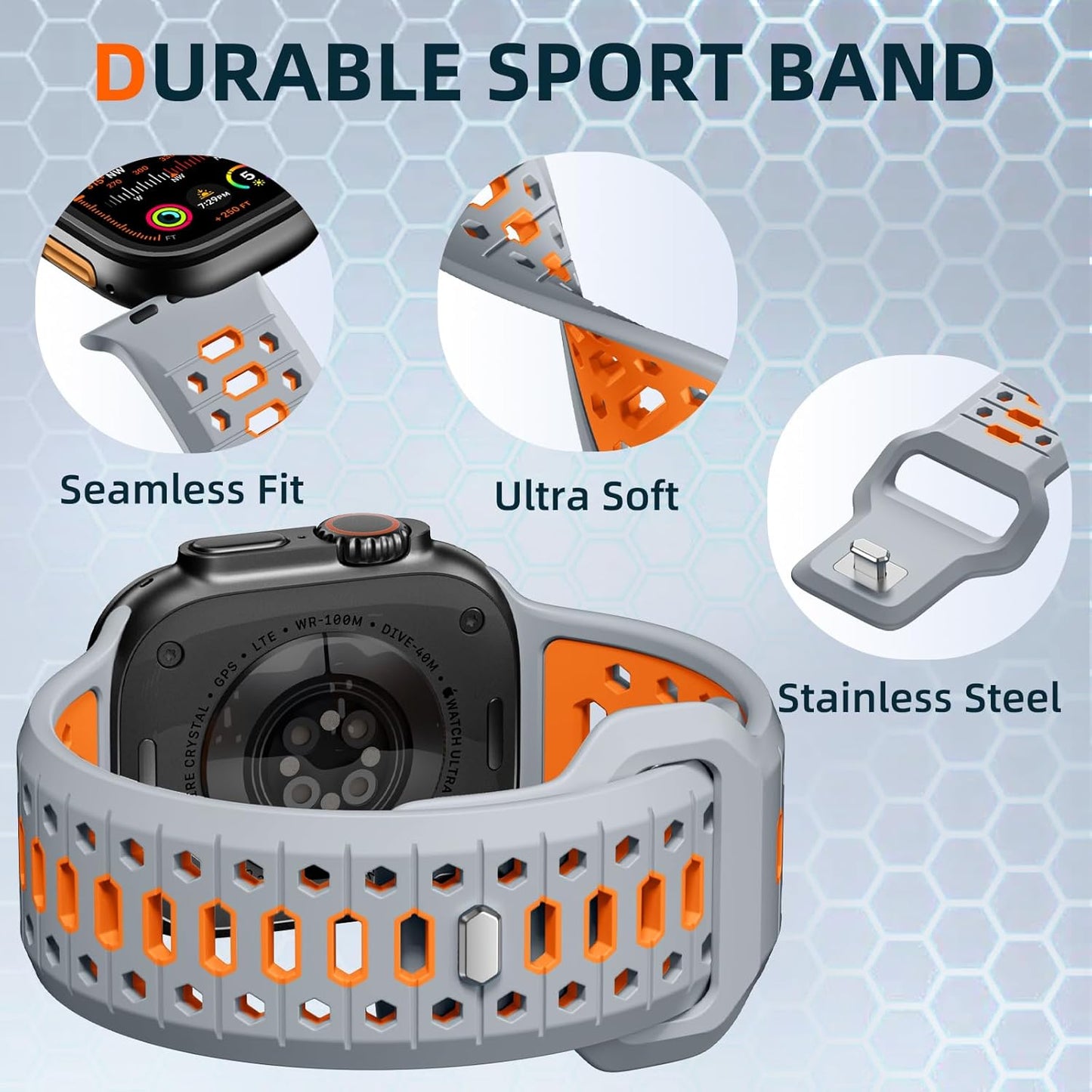 Gray & Orange 26MM Width Breathable Silicone Sport Band Compatible with 49Mm Apple Watch Ultra 2/1, 46Mm Series 10, 45Mm Series 9 8 7, 44Mm Series 6 5 4 SE 2/1, 42Mm Series 3 2 1