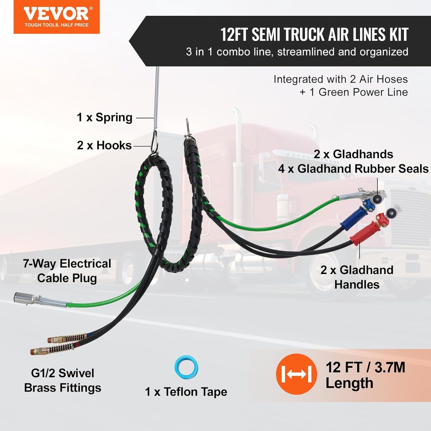 15FT Semi Truck Air Lines Kit with 2PCS Glad Hands, 3-In-1 Air Hoses & 7 Way ABS Electric Power Line, with 2PCS Gladhand Handles, 4PCS Seals and Tender Spring Kit for Semi Truck Trailer Tractor TRUCK DRIVER