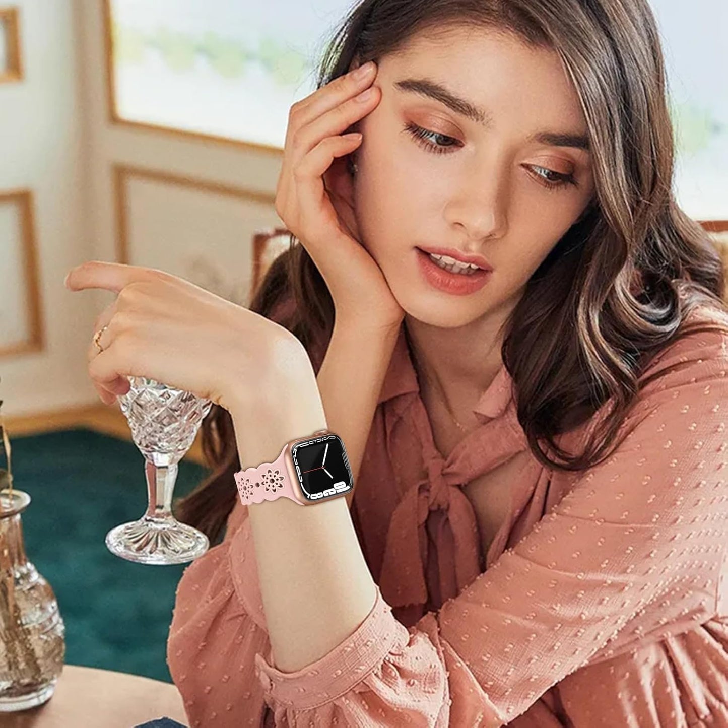 Floral Silicone Band Compatible with Apple Watch Bands 38Mm 40Mm 42Mm 44Mm 41Mm 45Mm 49Mm Women Men, Slim Hollow-Out Design Wristbands Soft Sport Breathable Watch Bands for Iwatch Ultra SE Series 9/8/7/6/5/4/3/2/1