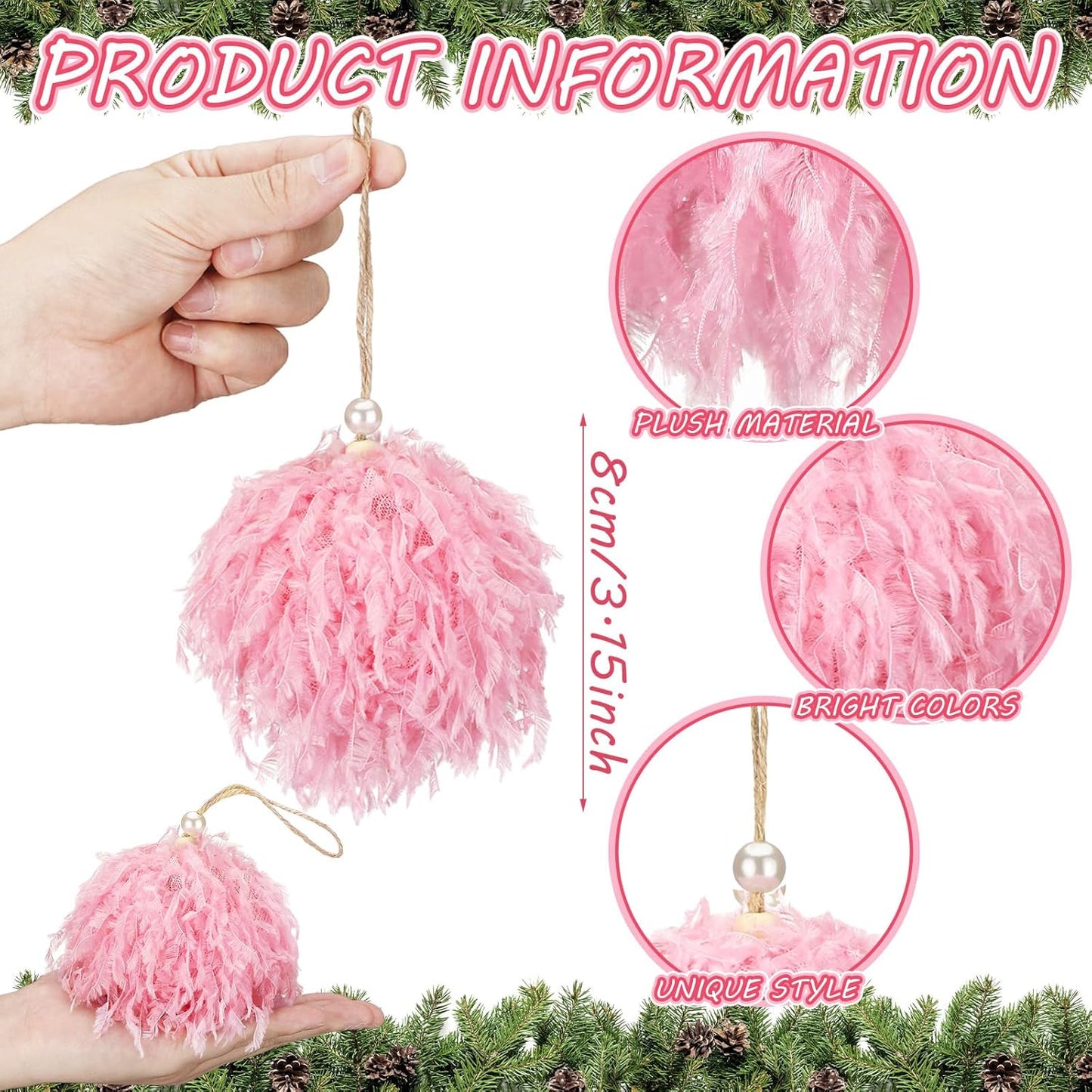 6 Pcs Furry Christmas Ball Ornaments 3.15 Inch Fuzzy Curly Elf Ornaments Ball Christmas Tree Hanging Decorations Soft Pom Pom Ball Xmas Ornament Pendants for Party Supplies(Pink)
