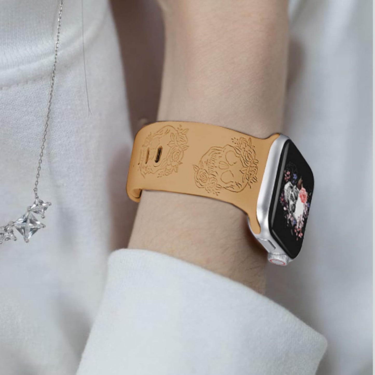 Compatible with Apple Watch Bands 38Mm 42Mm,Floral Skelton Skulls with Moth, Boho Engraved Soft Silicone Sport Celestial Watch Band,Silicone Watch Strap.Laser Engraved and Compatible with Series SE 7 6 5 4 3 2 1 for Women Men,38/42 Mm