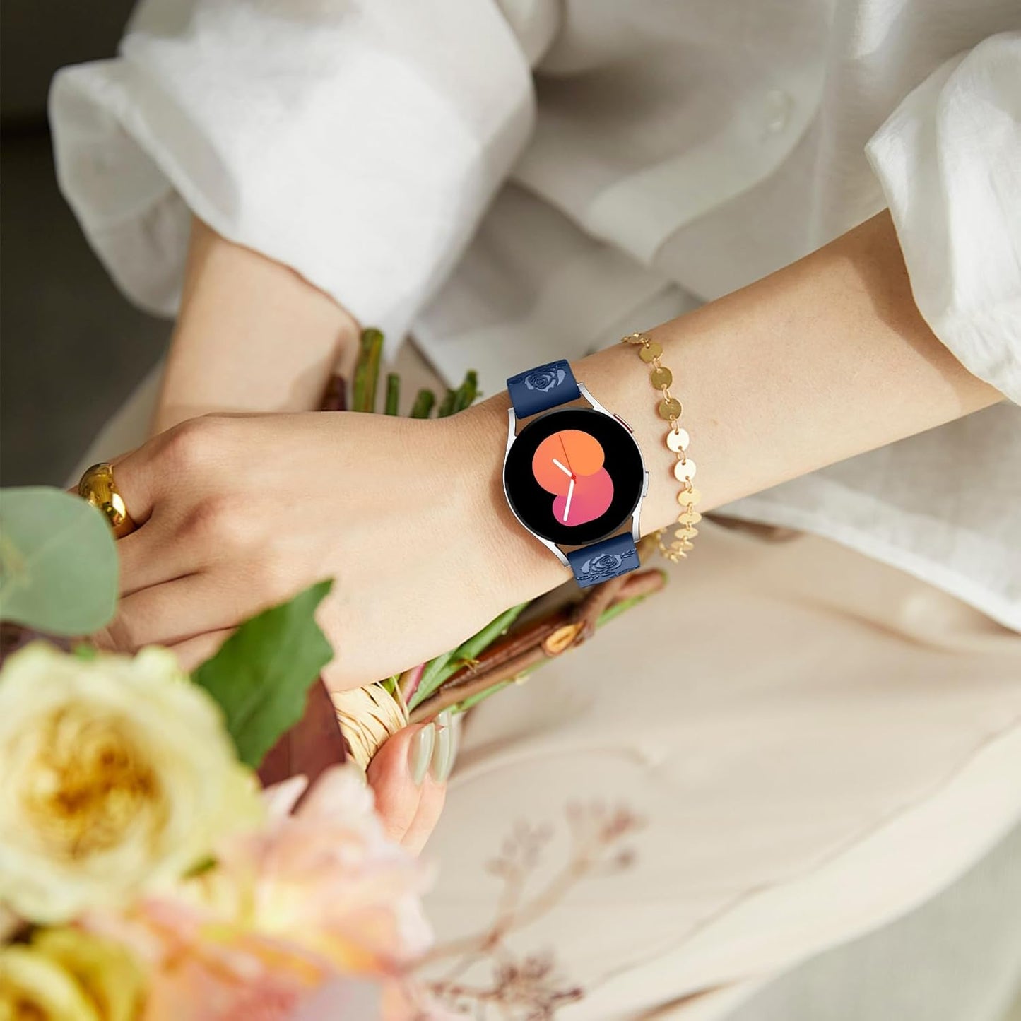 Sport Silicone Band for Samsung Watch 6 Bands 44Mm 40Mm, Galaxy Watch 4 5 Band/Galaxy Watch 5 Pro/Galaxy Watch 4 6 Classic Band, 20Mm Glossy Floral Engraved Band for Galaxy Watch 7, Deep Blue