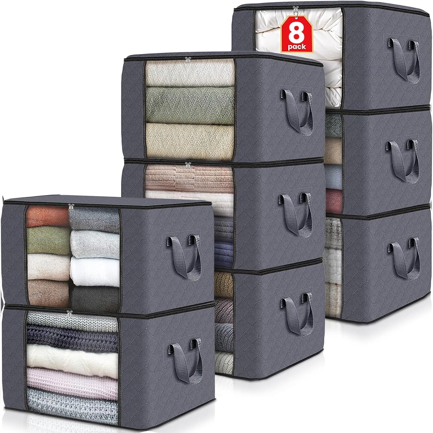 6 Pack Clothes Storage, Foldable Thick Fabric Blanket Storage Bags, Storage Containers for Organizing Bedroom, Closet, Clothing, Comforter, Organization and Storage with Handle,Grey