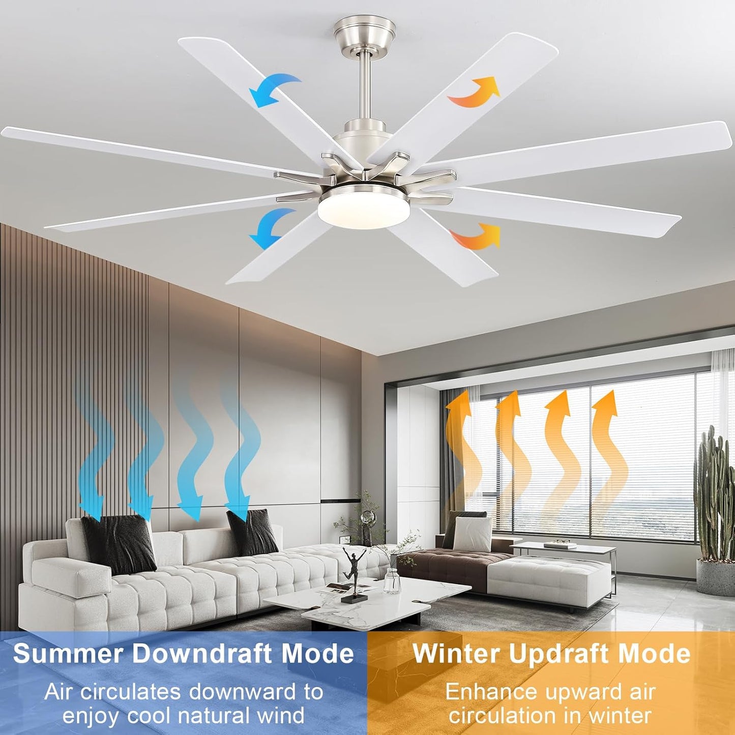 66 Inch Ceiling Fans with Lights and Remote, Indoor Outdoor Mordern Smart Ceiling Fan with Reversible Quiet DC Motor, 6 Speed, 8 Blades for Living Room Bedroom Patios Balcony (White+Sliver)