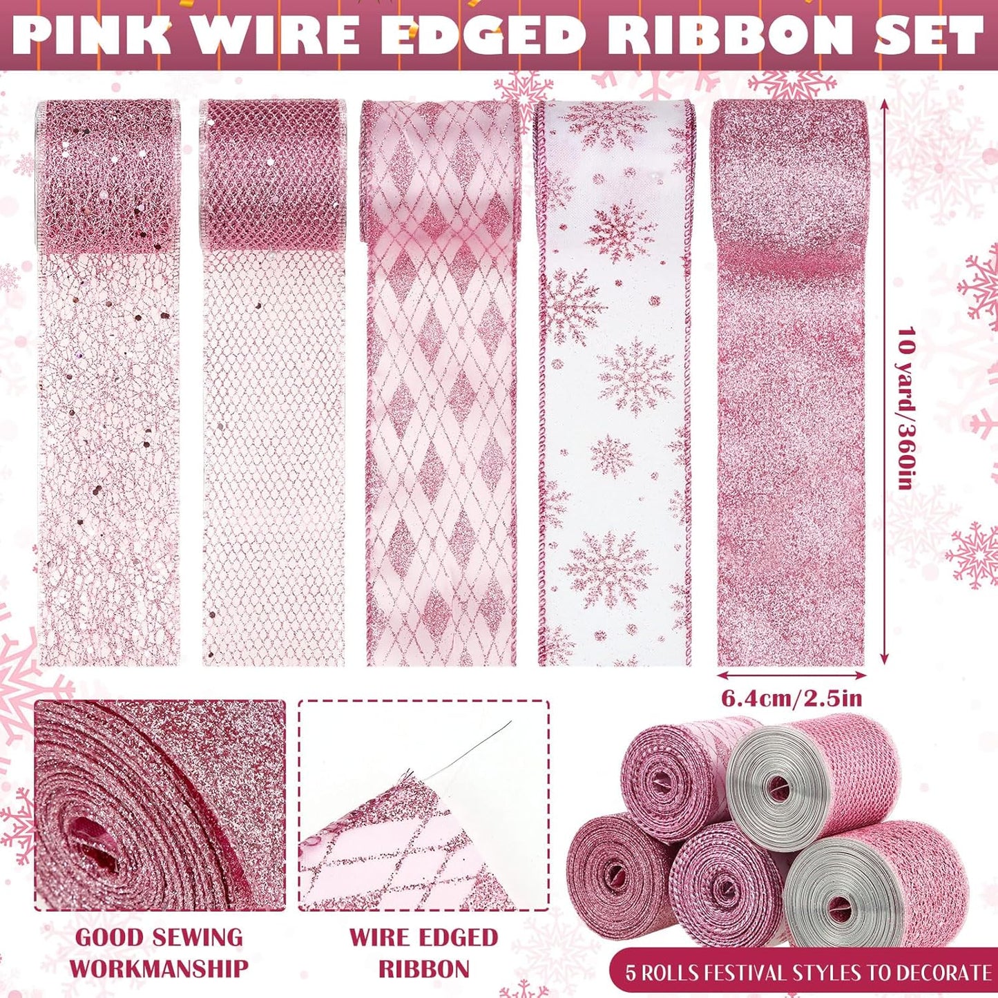 5 Roll 50 Yard Christmas Decor Wire Ribbon 2.5 Inch Glitter Metal Mesh Ribbon Christmas Decoration Tree Bow Classification Glitter Wreath Gift Packaging Ribbon Craft Project Diy(Pink)