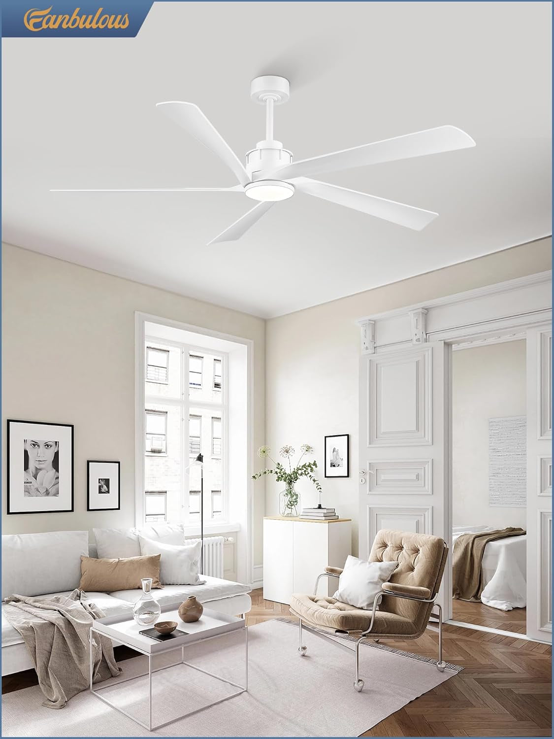 64 Inch Ceiling Fans with Lights and Remote,Smart Ceiling Fan with APP Control,Reversible DC Motor,Dimmable,5 ABS Blades,White Indoor/Outdoor Modern Low Profile Ceiling Fan with Light