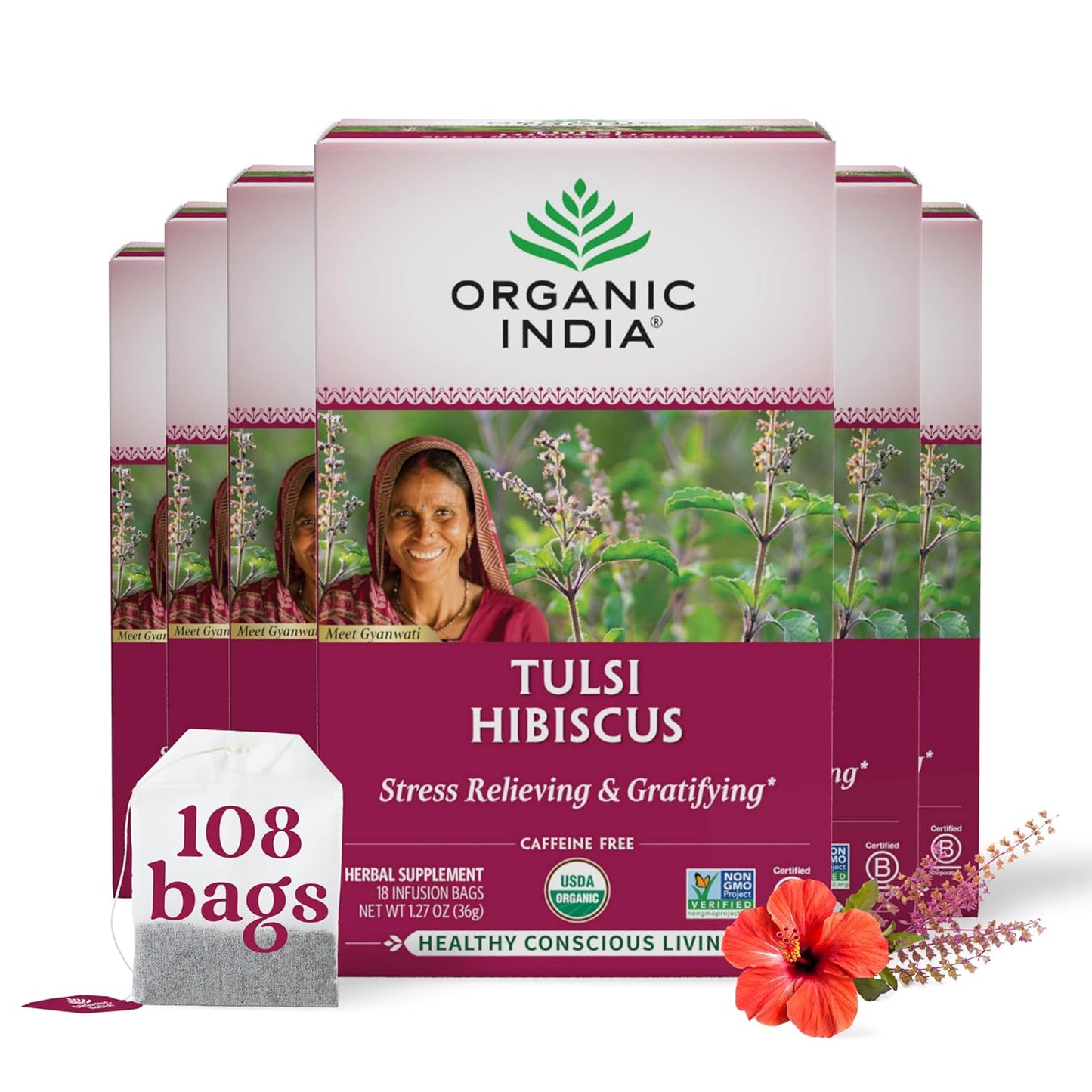 Tulsi Original Herbal Tea - Holy Basil and African Basil Calming and Stress Relief Tea, Immune Support, USDA Certified Organic, Non-Gmo, Caffeine-Free - 18 Infusion Bags, 6 Pack TLBH