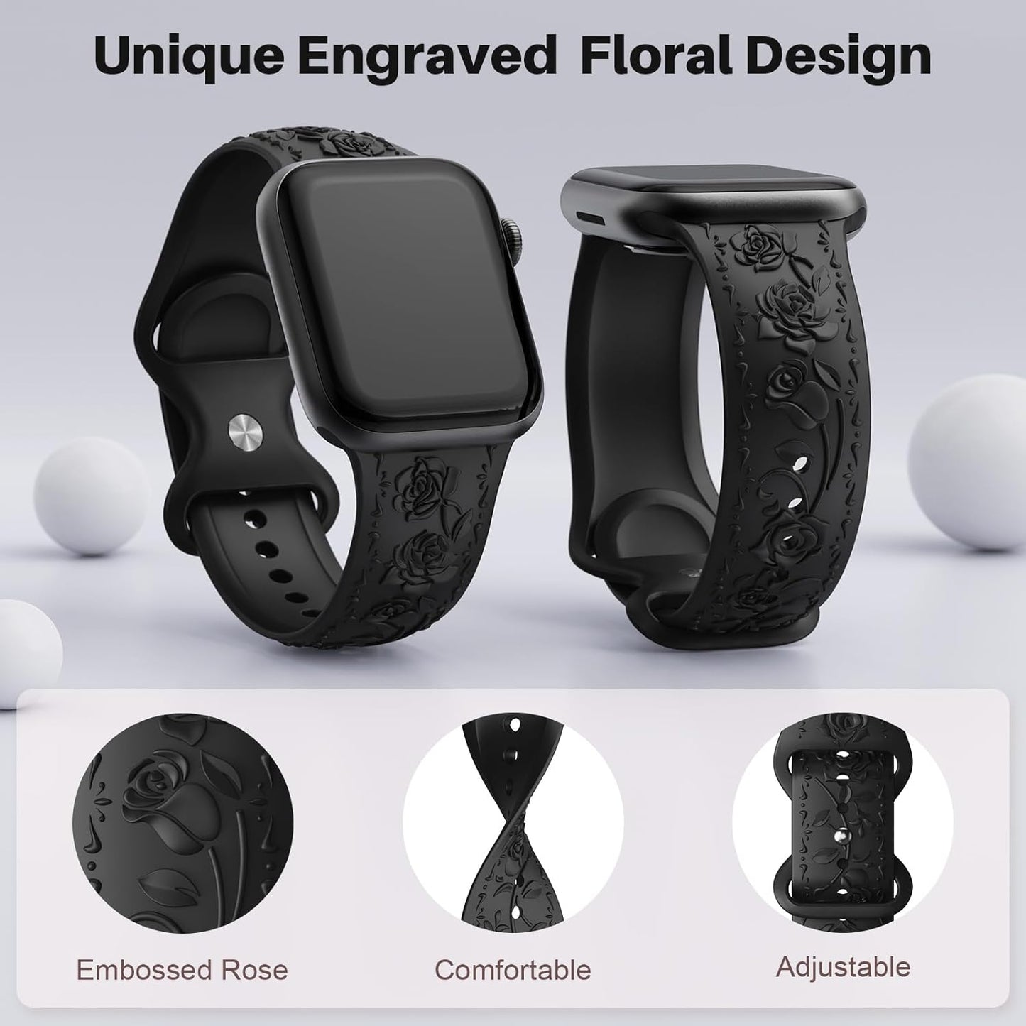 Floral Engraved Band Compatible with Apple Watch Band 40Mm 41Mm 38Mm 42Mm 44Mm 45Mm 49Mm Women, Designer Soft Silicone Cute Embossed Flower Strap for Iwatch Band Series SE Ultra 9 8 7 6 5 4 3 2 1