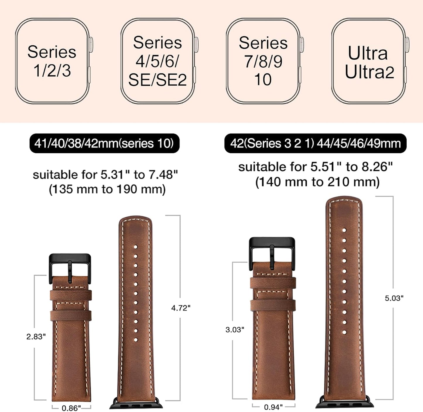 Leather Bands Compatible with Apple Watch Band 42Mm 44Mm 45Mm 46Mm 49Mm for Men Women, Top Grain Genuine Leather Replacement Strap for Iwatch Ultra2 Ultra SE2 SE Series 10 9 8 7 6 5 4 3 2 1
