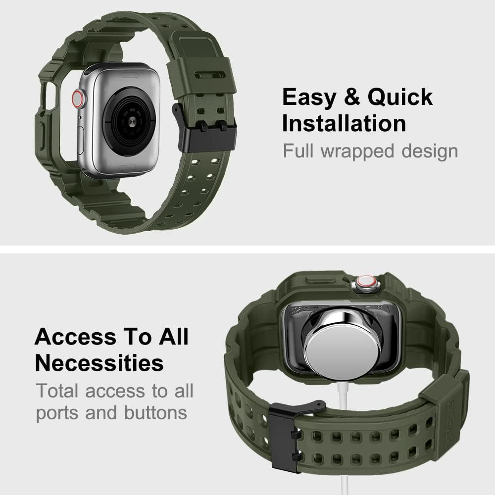 Compatible with Apple Watch Band 45Mm 44Mm 42Mm with Bumper Case, Rugged Men Bands for Iwatch SE Series 9 8 7 6 5 4 3 2 1, Sport Military Protective Cases Drop-Proof Shockproof Green