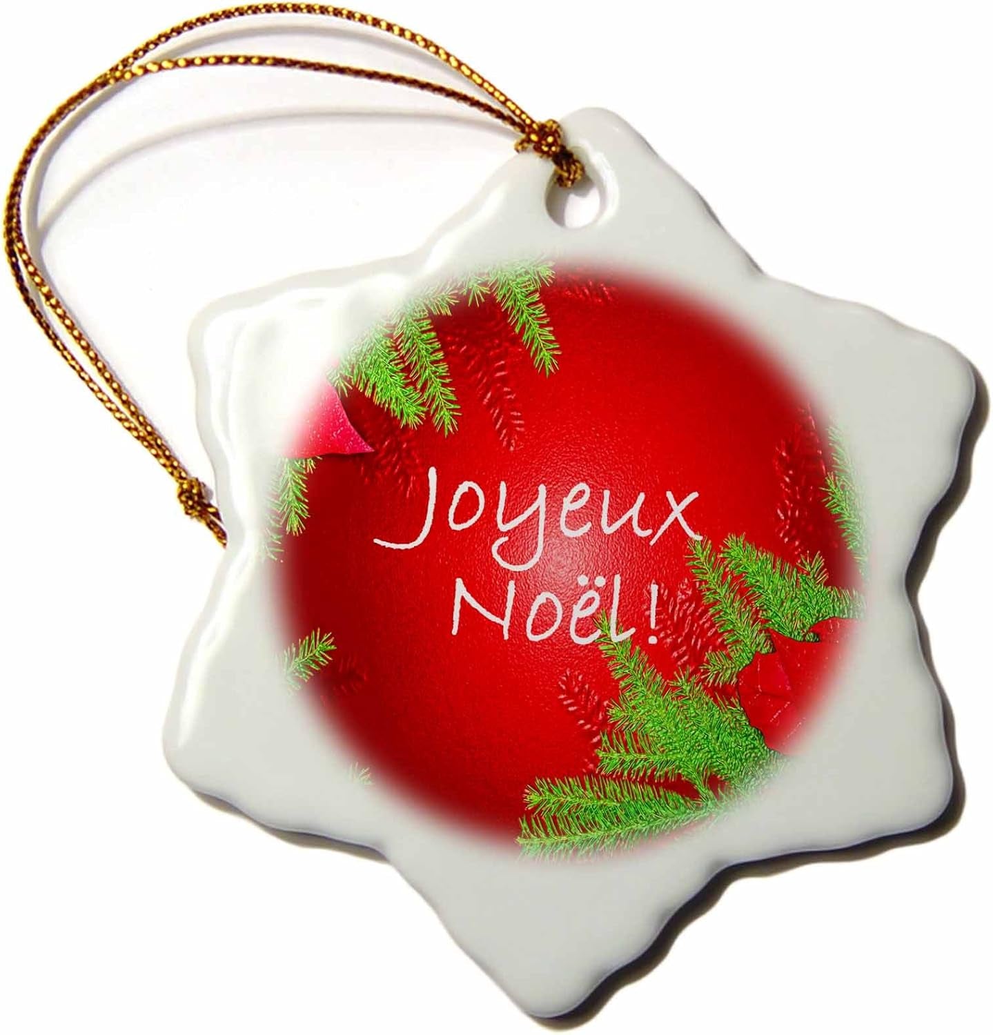 Orn_8686_1 Christmas Poinsettia Joyeux Noel in Red-Snowflake Ornament, Porcelain, 3-Inch
