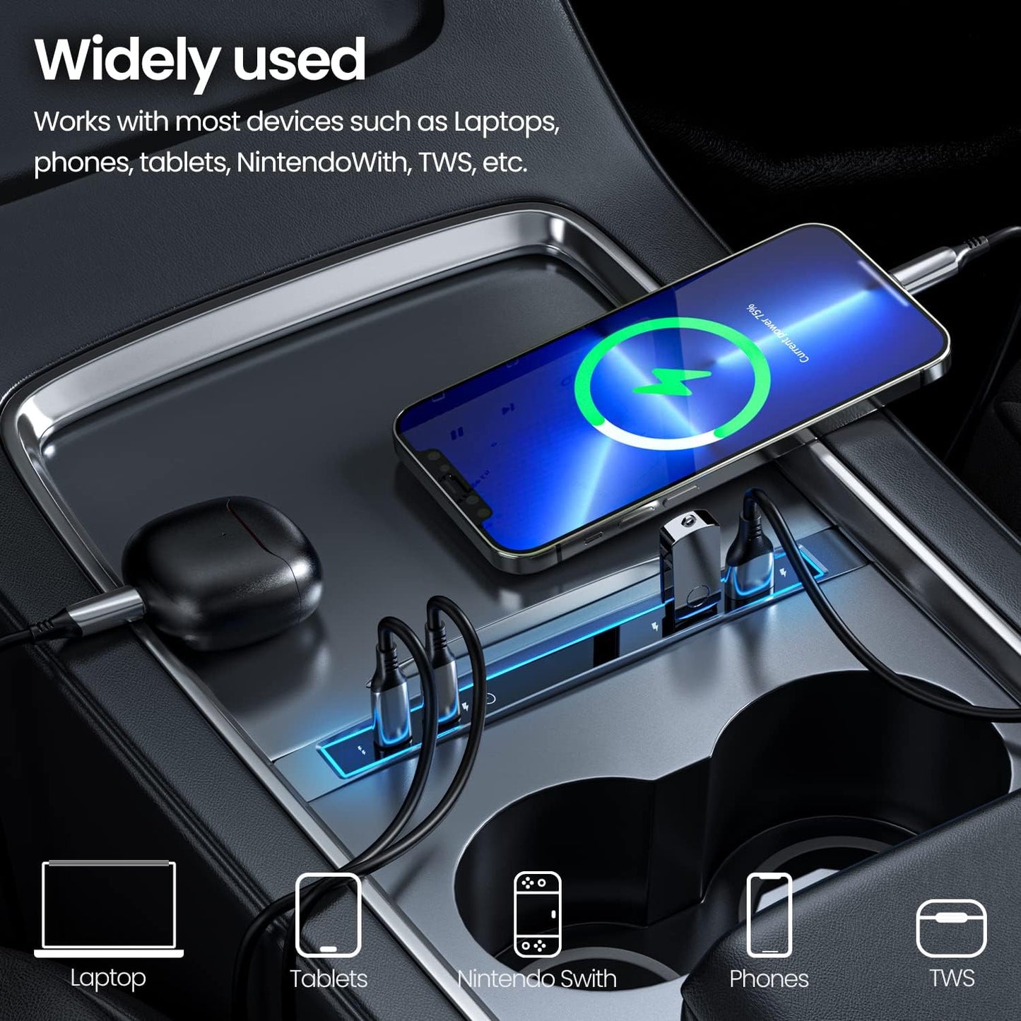 Tesla USB Hub with Blue Led Light/Voice Controll Seven Colors Led Light Compatible Docking Station of Center Console Smart Sensor for Tesla 2021 2022 2023 (Model 3/Y)