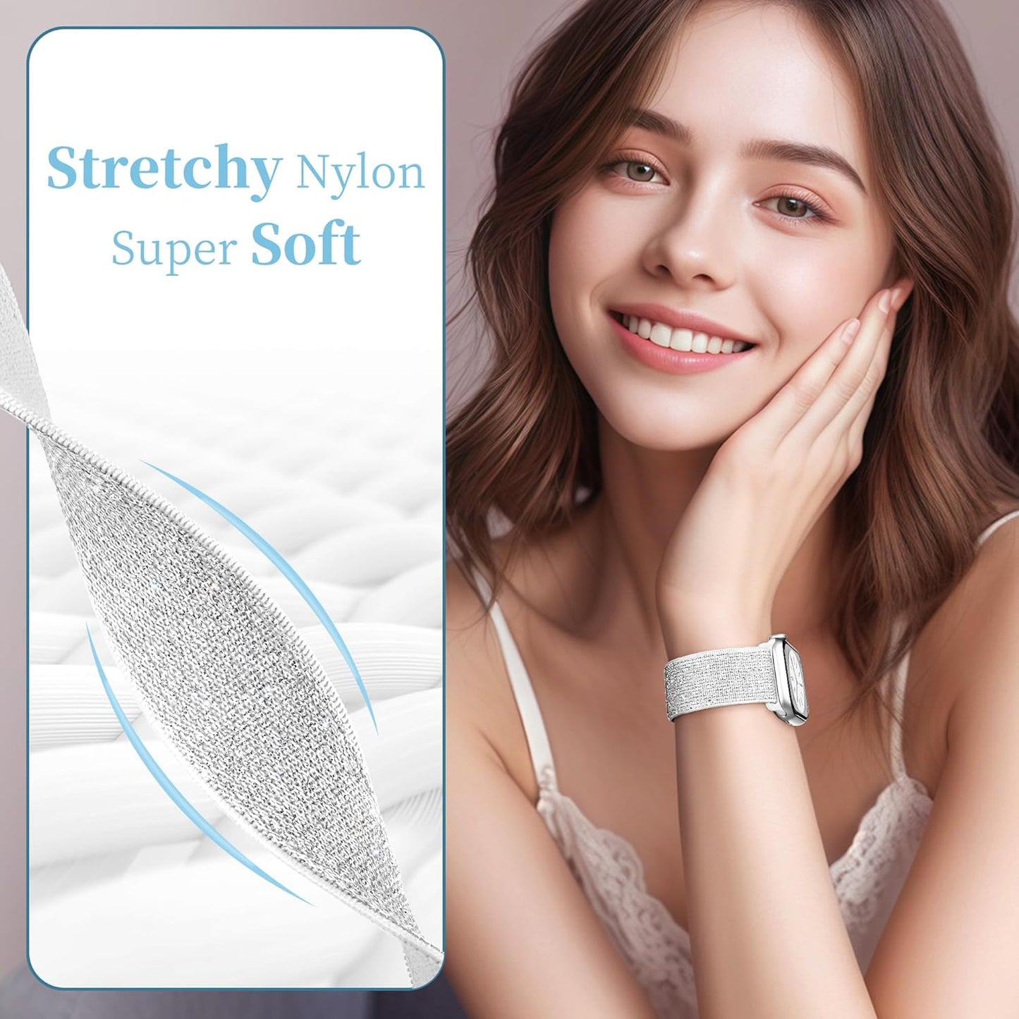 Sparkly Stretchy Nylon Band Fit Bling Apple Watch Bands for Women 42Mm 41Mm 40Mm 38Mm, Elastic Sport Solo Loop Iwatch Bands for Cute Glitter Iphone Watch Band Series 10 9 8 7 6 5 4 3 Se-Silver