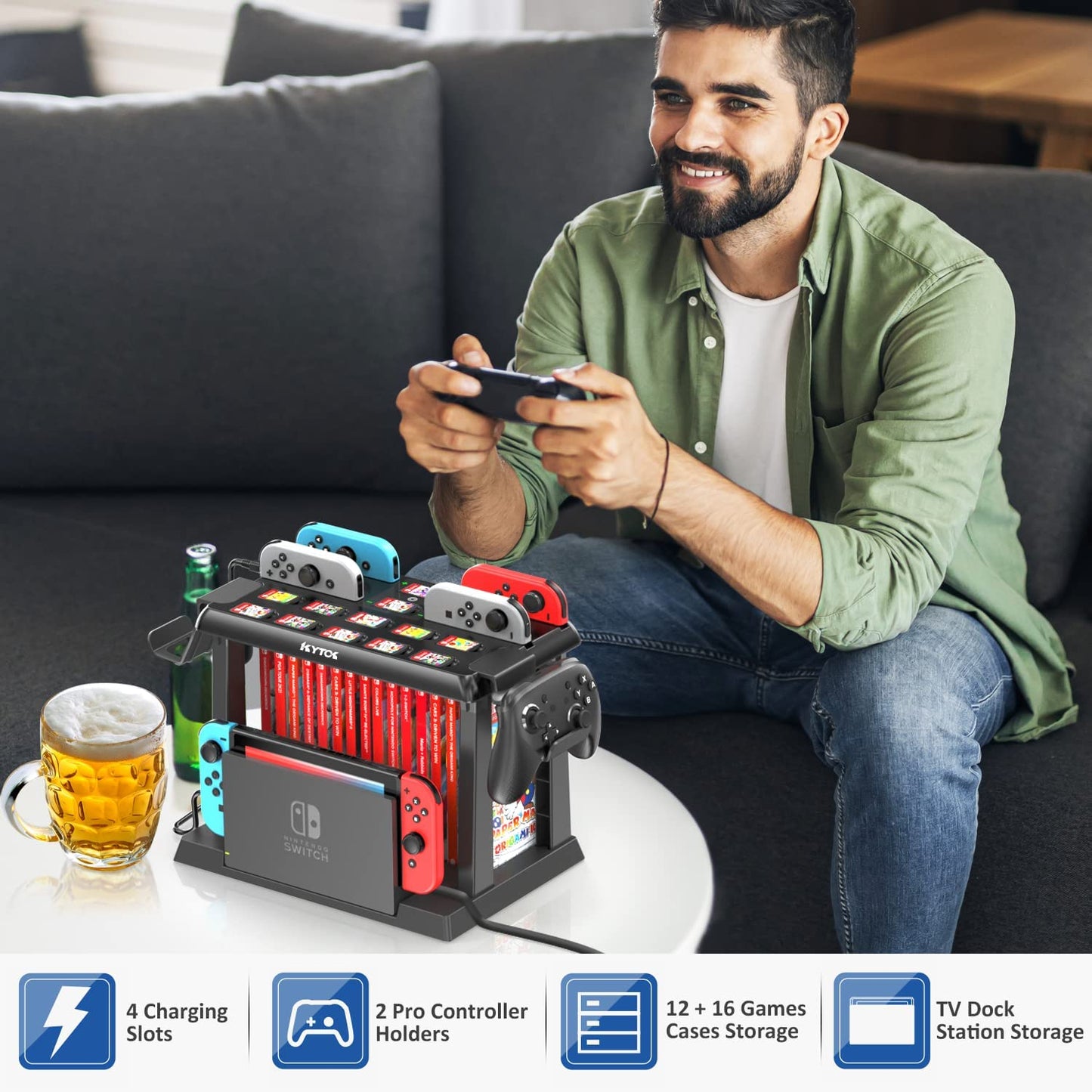 Switch Games Organizer Station with Controller Charger, Charging Dock for Nintendo Switch & OLED Joycons, Switch Mounts, Brackets & Stands for Games, TV Dock, Pro Controller, Accessories Kit Storage