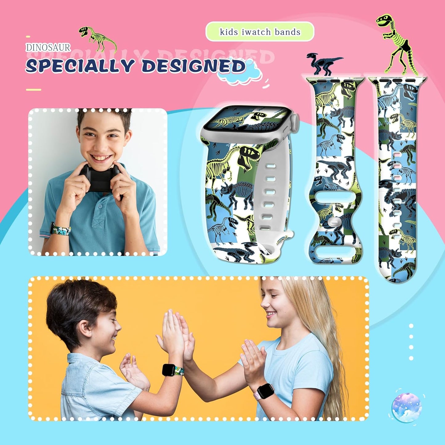 Kids Watch Band Compatible Apple Watch Bands for Kids, Iwatch Bands Compatible for Apple Watch Band for Kids, Cute Design Iwatch Bands for Kids Soft Silicone Watch Bands for Boys Girls