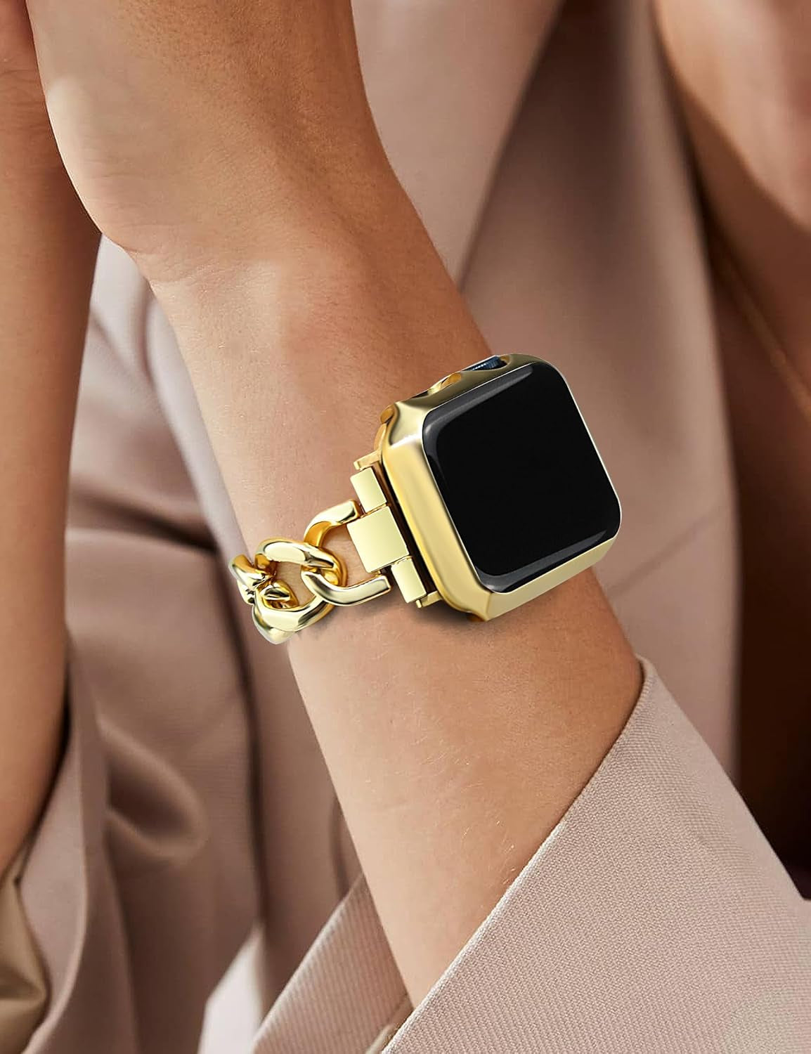 Gold Watch Bands for Women Compatible with Apple Watch Band 38Mm 40Mm 41Mm Adjustable Metal Band Cowboy Steel Single Chain Bracelet for Iwatch Series 9/8/7/6/5/4/3/2/1/Se/Ultra (No Case)