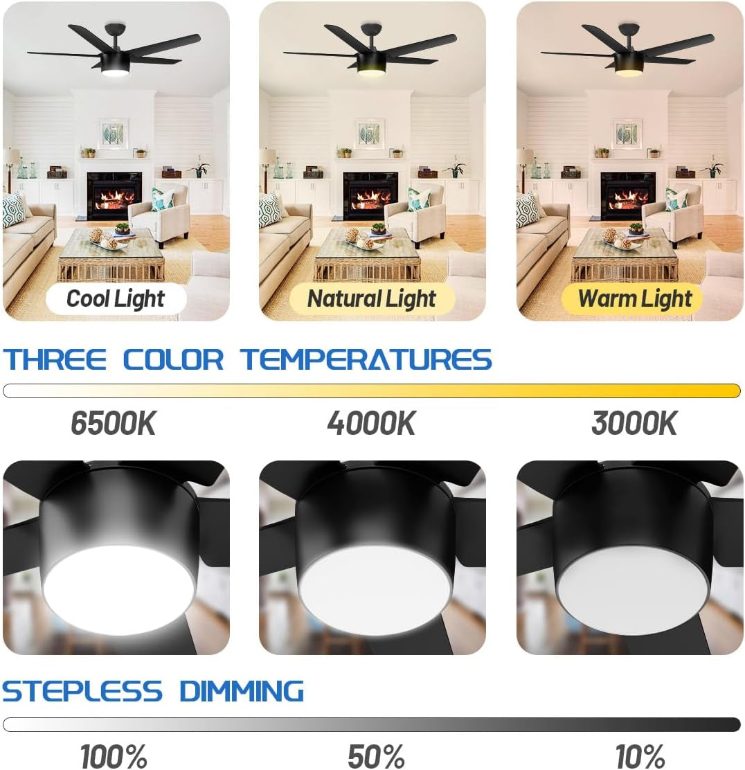 52 Inch Smart Ceiling Fan, DC Reversible Motor Noiseless Timing 3CCT Dimmable, Black Ceiling Fan Compatible with Alexa Tuya App for Living Room Indoor & Outdoor ETL