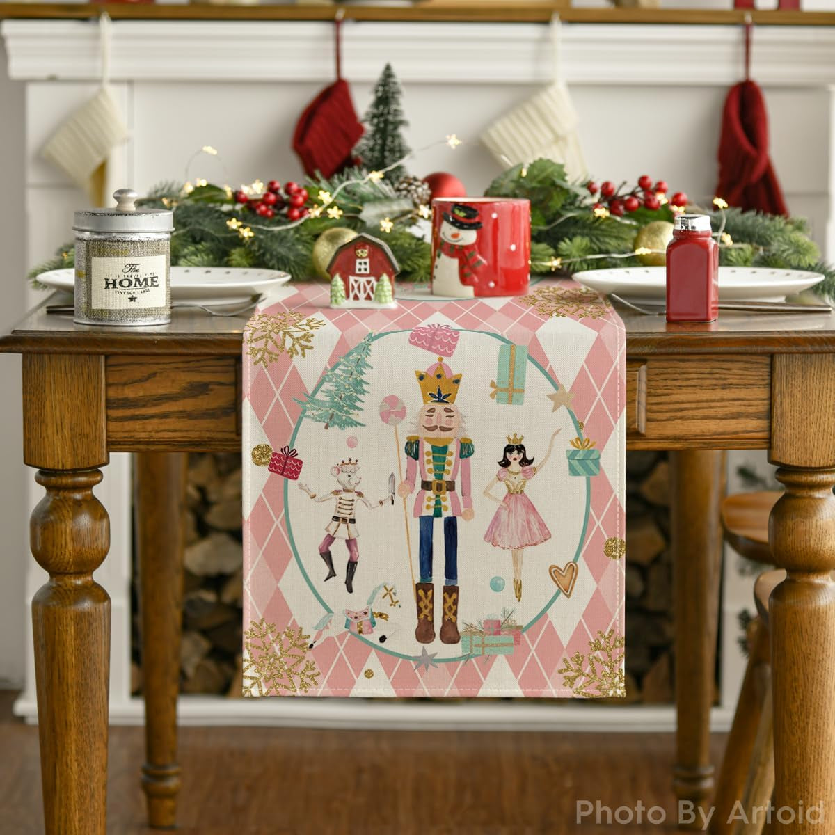 Pink Diamond Plaid Nutcracker Snowflake Christmas Table Runner, Seasonal Winter Kitchen Dining Table Decoration for Home Party Decor 13X90 Inch