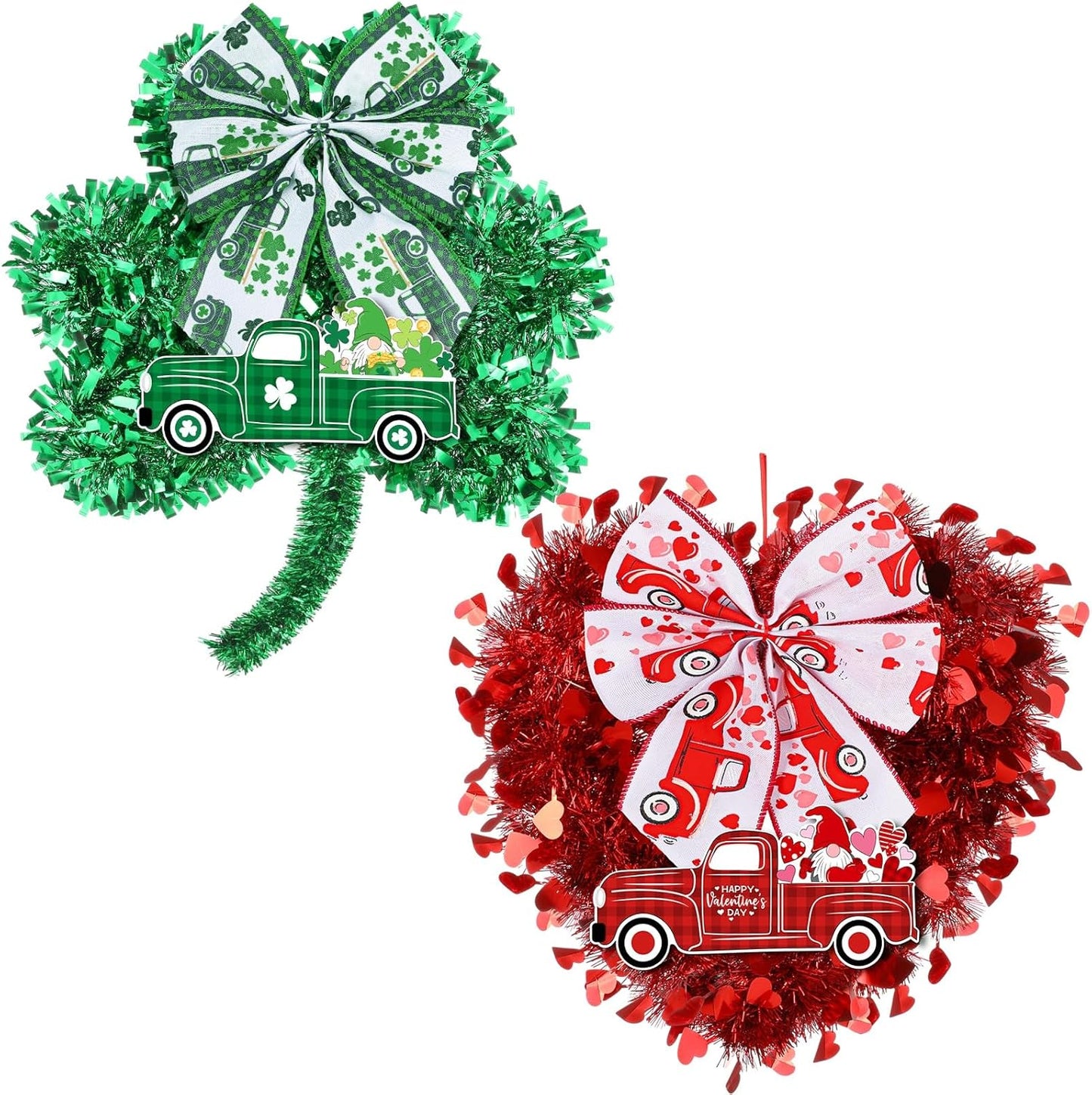 2 Pcs Valentine'S Day Heart Wreaths Decorations St. Patrick'S Lucky Shamrocks Door Wreath Heart Shaped Irish Clover Decor with Wooden Truck and Bow for Valentines Irish Front Door Wall Decor
