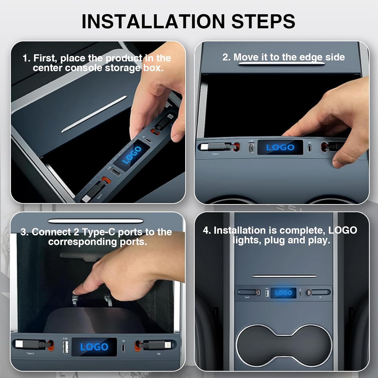 Car USB Charger for Tesla Model 3 Model Y 2024 2023 2022 2021, Upgrade Touch Switch Model 3 Model Y USB Hub with Retractable Cable for Tesla Interior Accessories (Not Fit Model 3 2024 Highland)