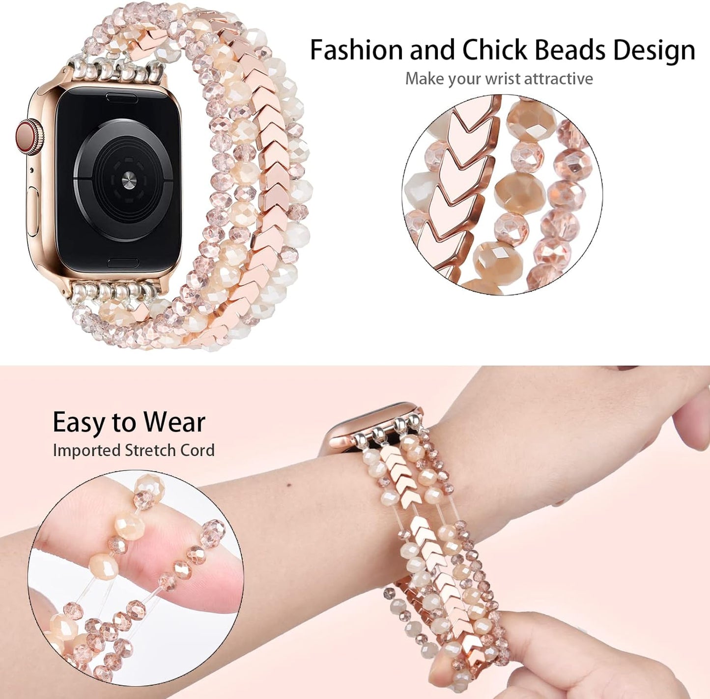 Beaded Bracelet Compatible with Apple Watch Band 38Mm/40Mm/41Mm Series 9/8/7/SE/6/5/4/3/2/1 Women Fashion Handmade Elastic Stretch Strap for Iwatch Bands Replacement Colorful