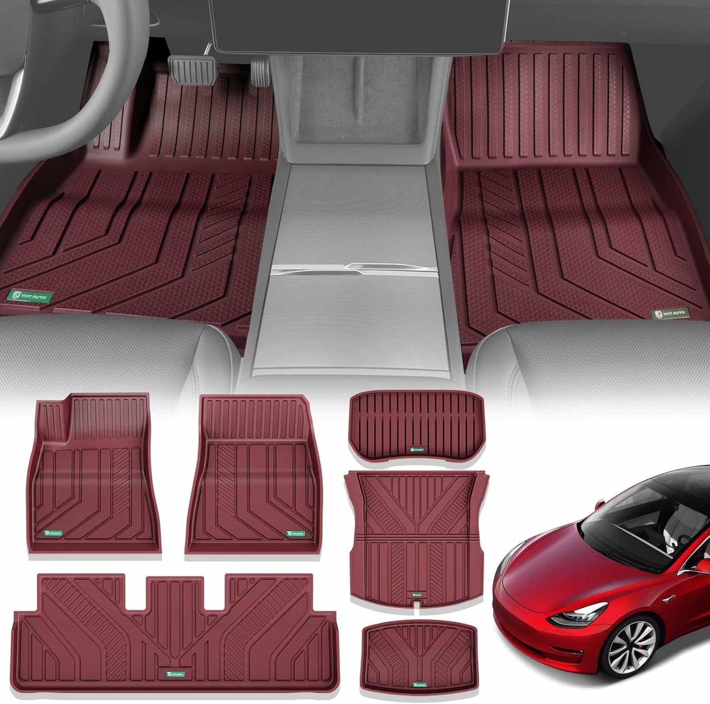 Floor Mats Compatible with Tesla Model 3 2021-2023, All Weather TPE Front Rear Cargo Liner, Rear Storage Mats, Model 3 Accessories, Red, Set of 6