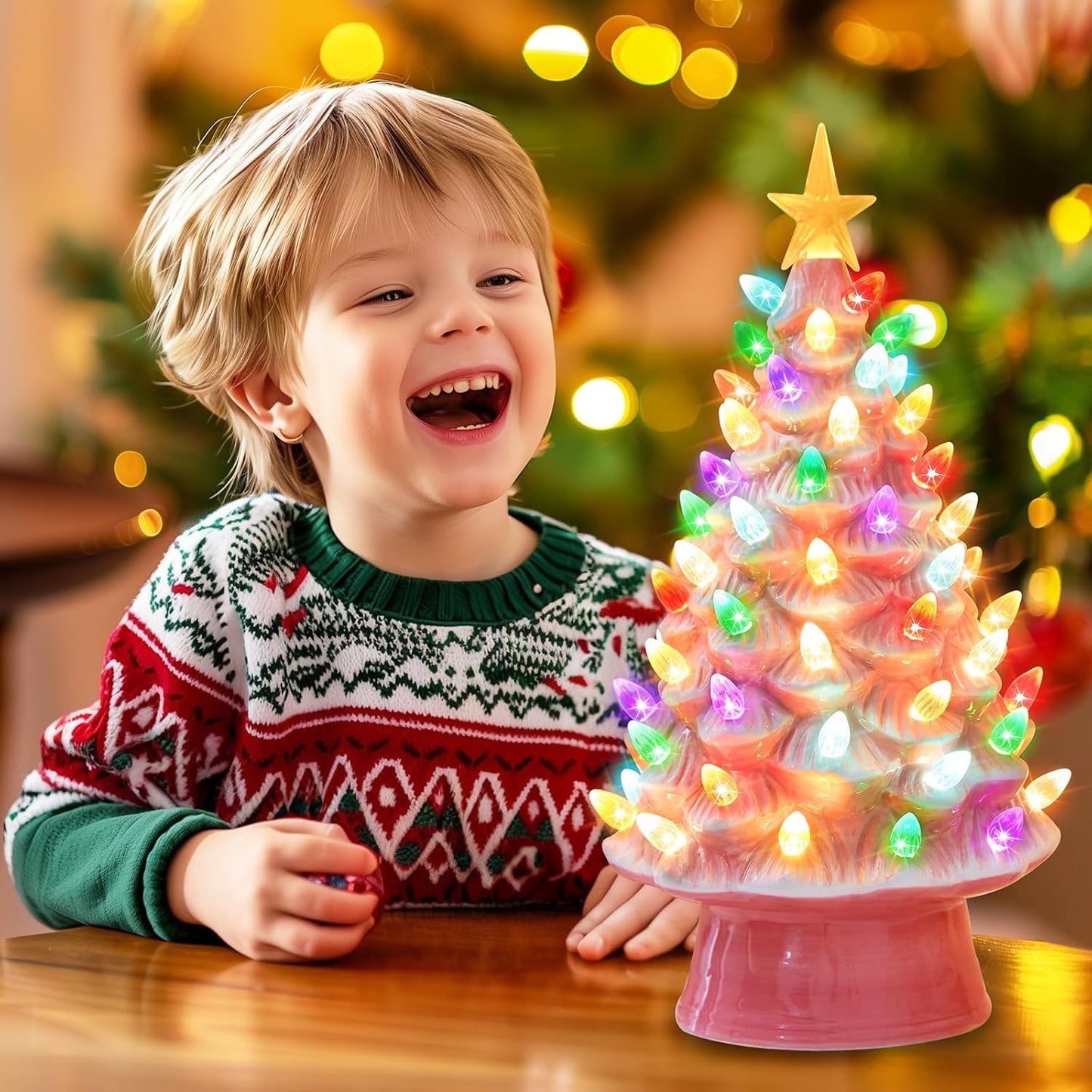 13 Inch Ceramic Christmas Tree, Pre-Lit Tabletop Christmas Tree with Multicolored LED Lights and Star, Battery Operated Valentine'S Day Lighted Ceramic Tree for Home Table Holiday Decorations