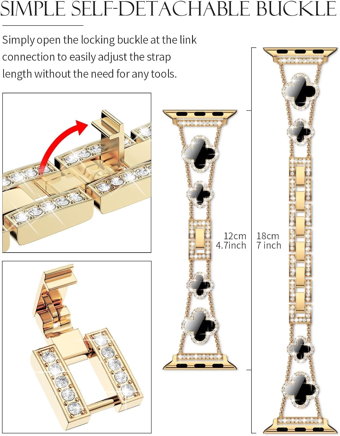 Bling Womens Band Compatible with Apple Watch Band 40Mm 41Mm 38Mm Series 9 8 7 6 5 4 3 2 1 SE, Sparkle Diamond Replacement Bracelet Wristband, Cute Lucky Clover Dressy Iwatch Band,Gold/Black