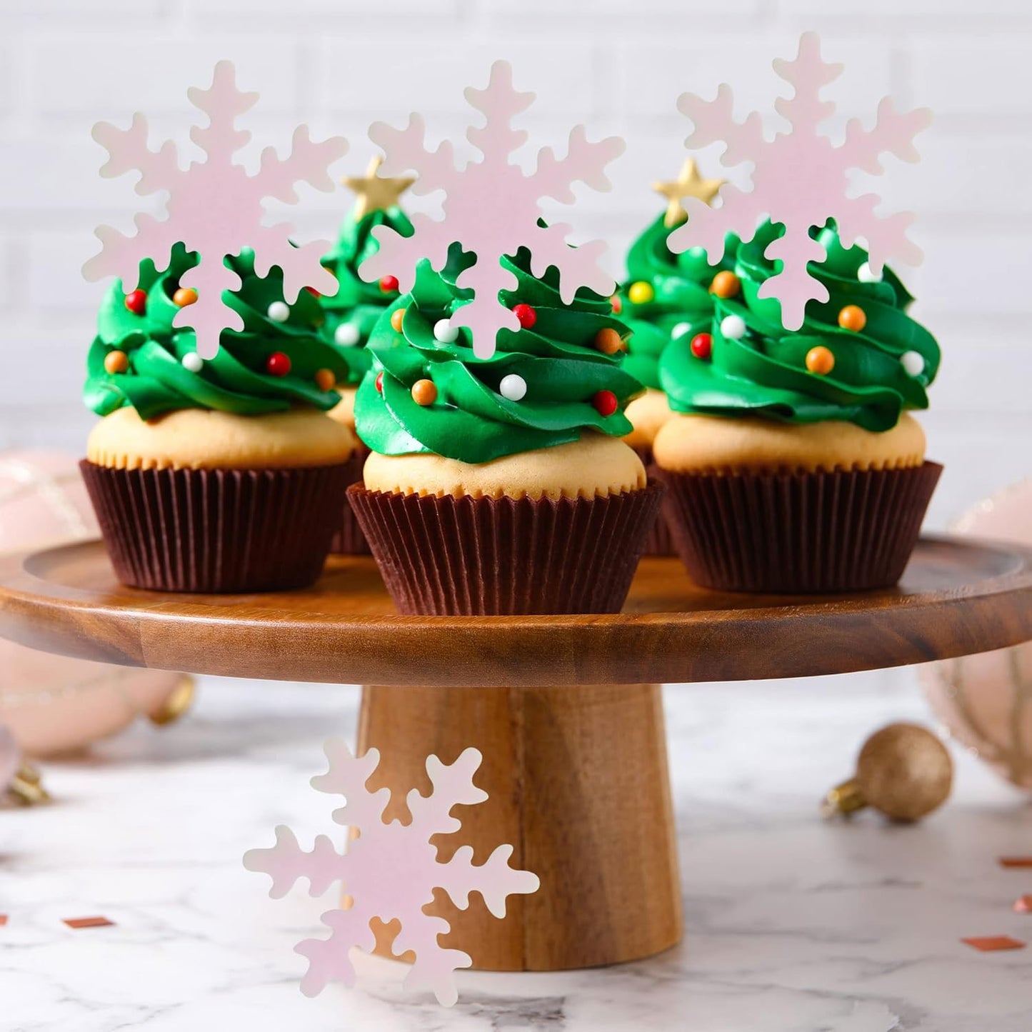 50Pcs Pink Edible Cupcake Cake Toppers Snowflake Cake Decorations for Christmas Winter Frozen Theme Party Supply Decoration