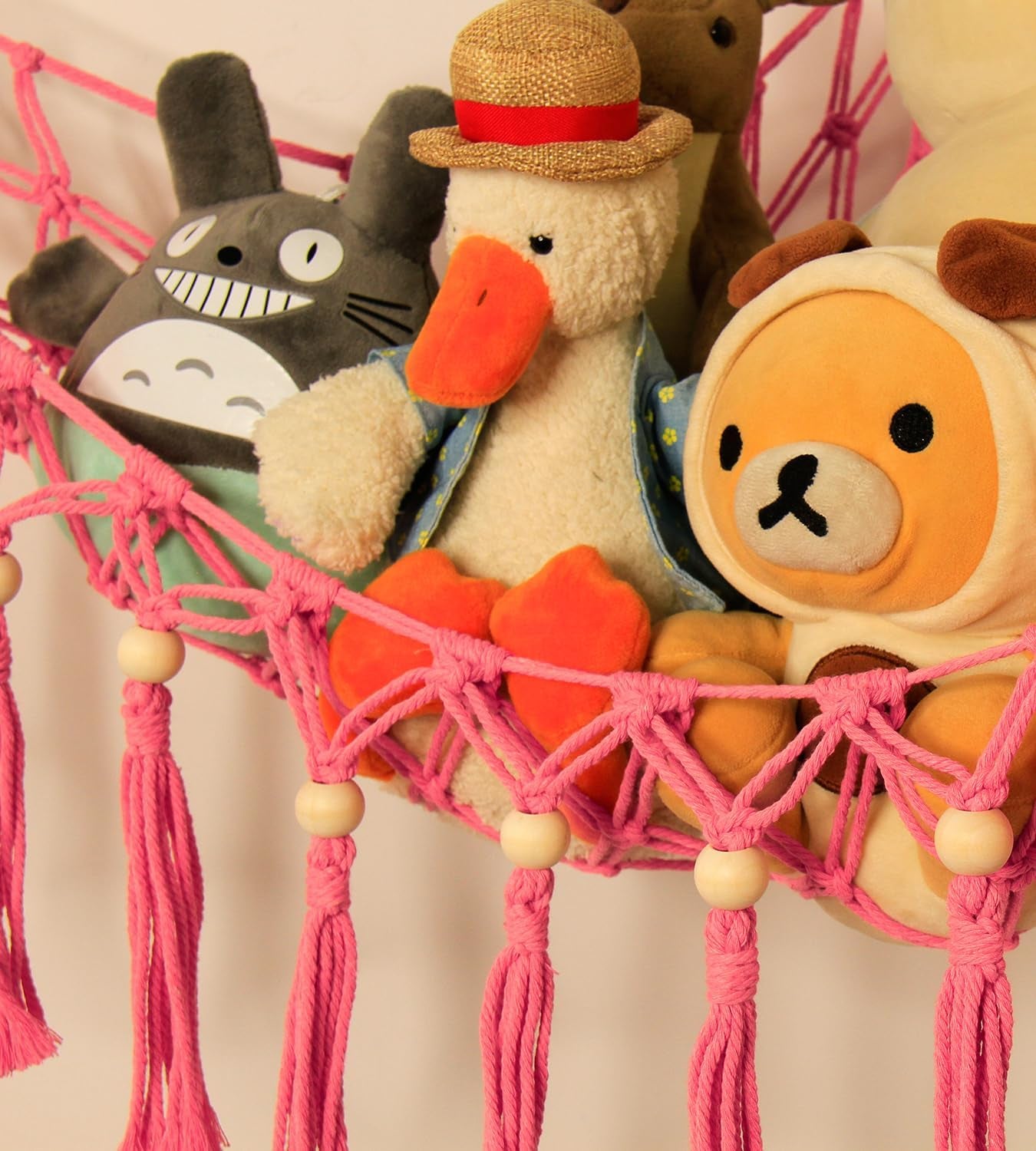 Stuffed Animal Storage Hammock Corner with LED Light - Toy Hanging Organizer Plushie Net - Pink Room Decor for Teen Girls - Cute Bedroom Aesthetic Nursery Kids Baby Toddler