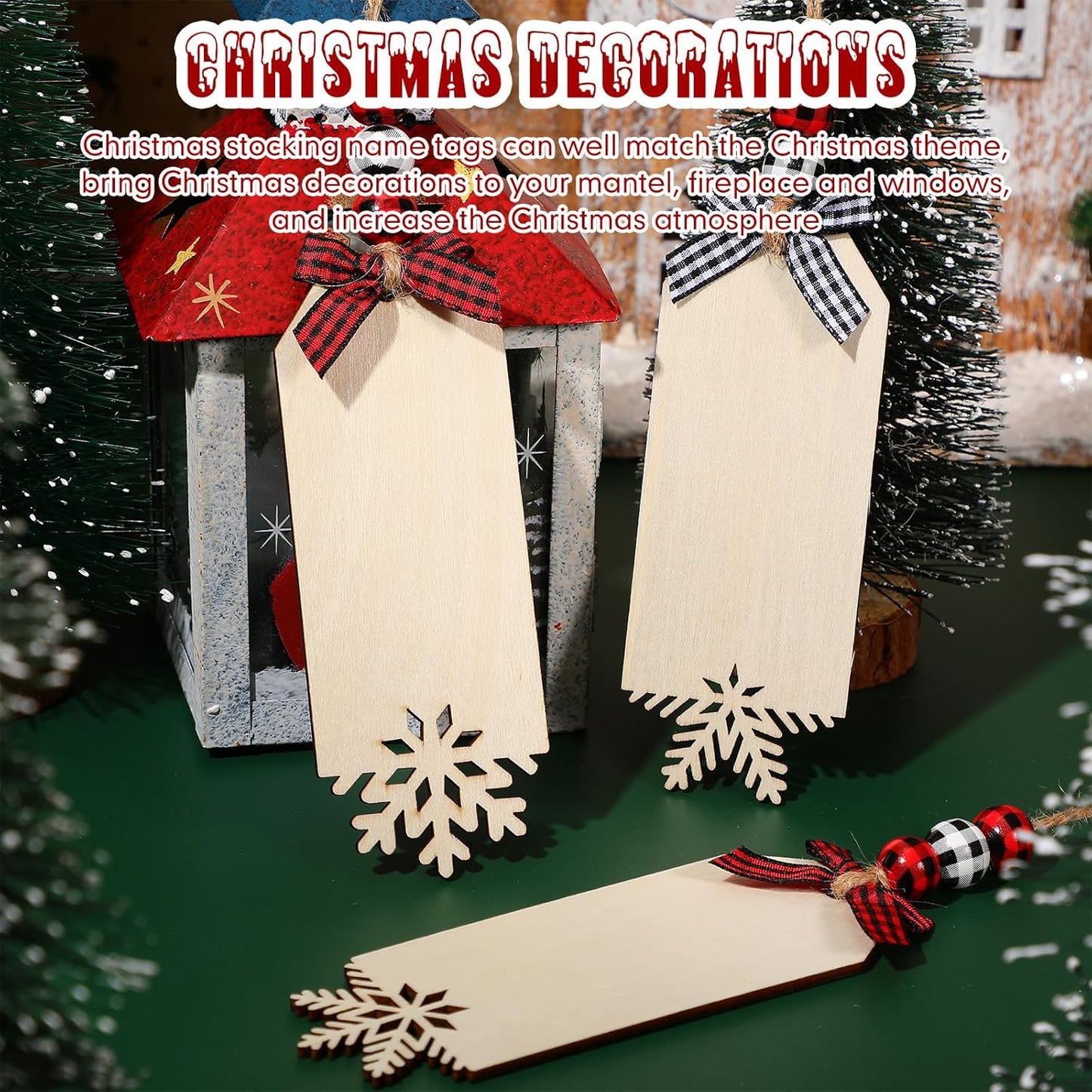 12 Set Christmas Stocking Name Tags Xmas DIY Wooden Name Signs Includes Tags Wood Beads and Bow Christmas Ornaments for Christmas Stockings Home Farmhouse Decor (Snowflake)